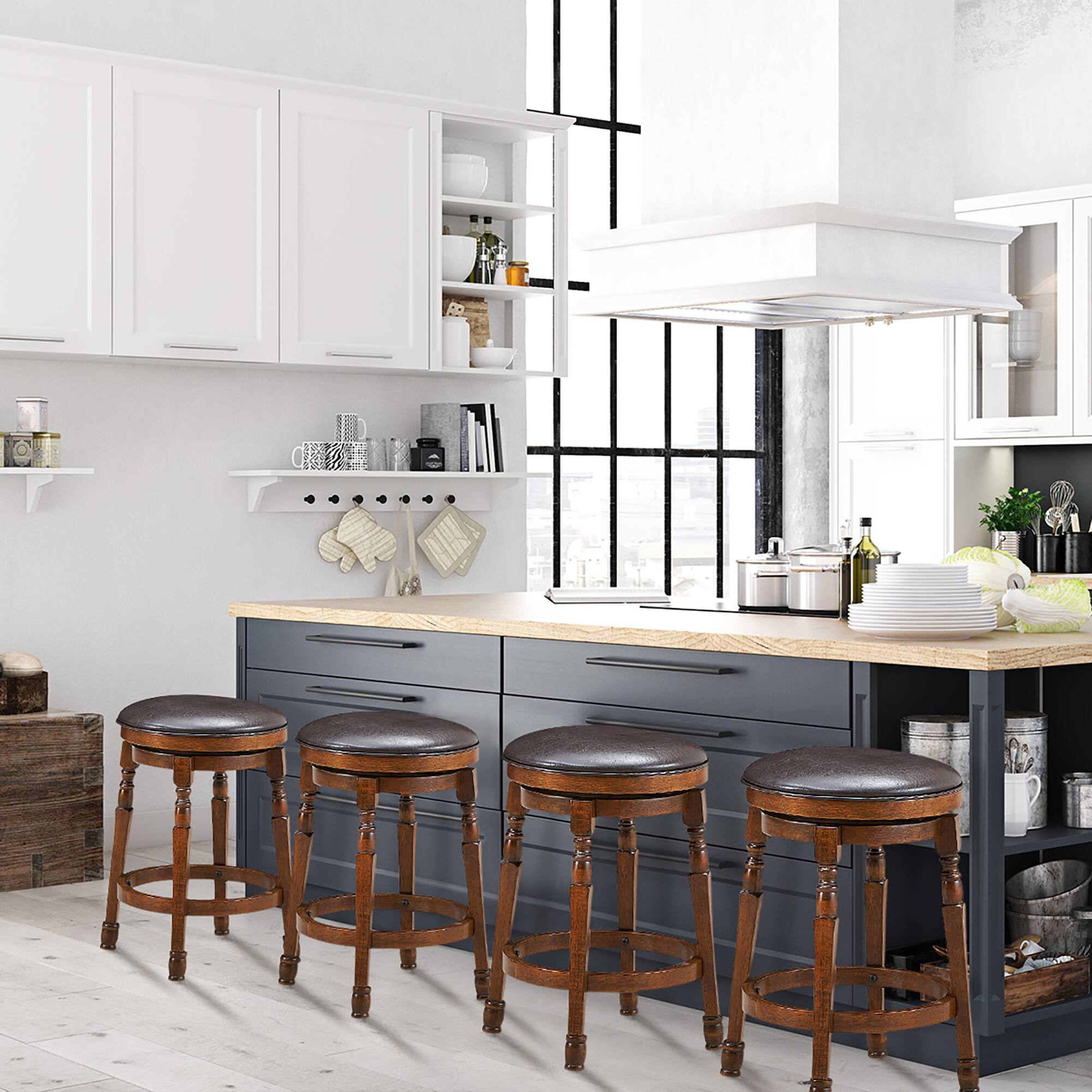 Alt View 3. Costway - Costway Set of 4 24" Swivel Bar Stool Leather Padded Dining Kitchen Pub Chair Backless - Walnut.