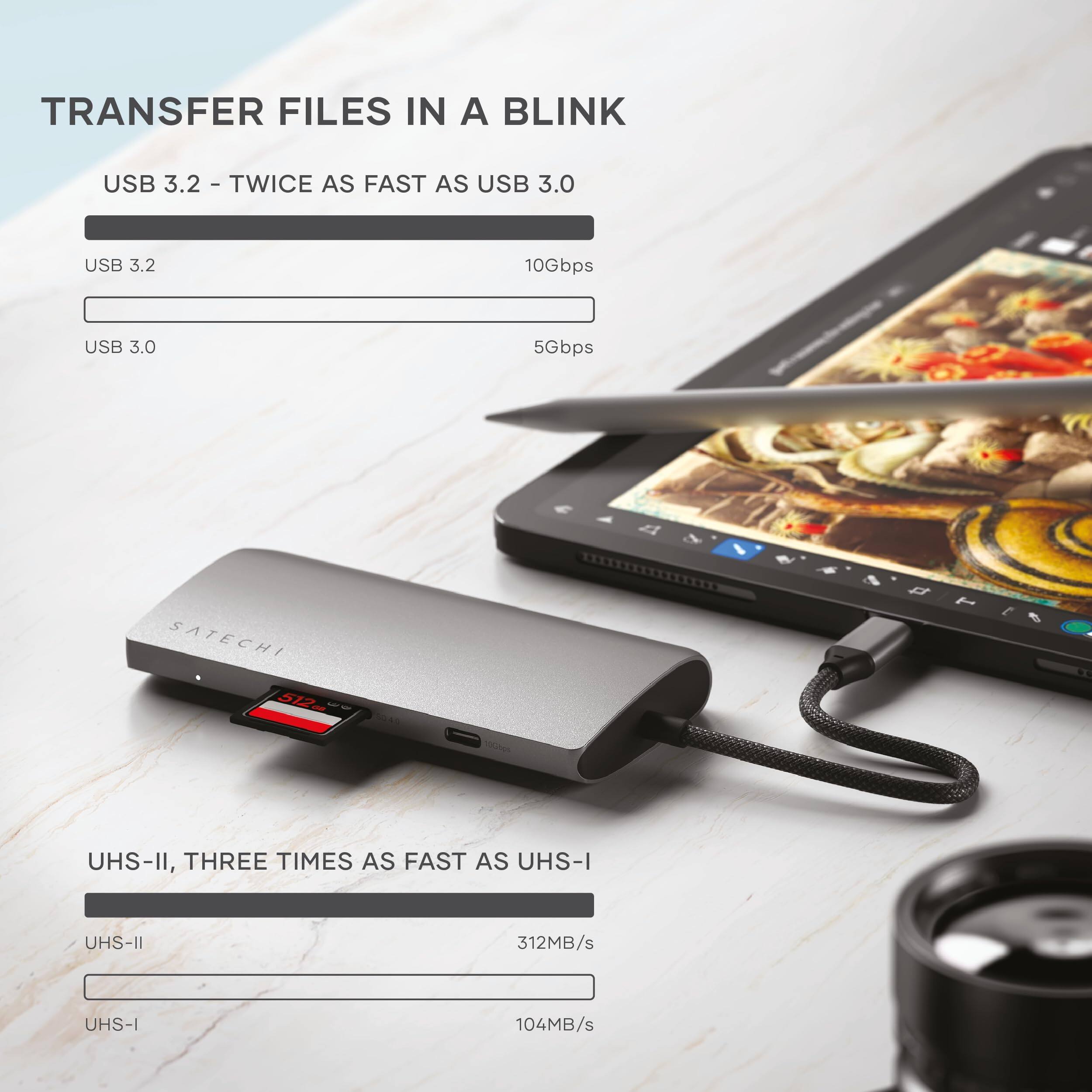 TRANSFER FILES IN A BLINK

USB 3.2 - TWICE AS FAST AS USB 3.0
USB 3.2 10Gbps
USB 3.0 5Gbps

UHS-II, THREE TIMES AS FAST AS UHS-I
UHS-II 312MB/s
UHS-I 104MB/s