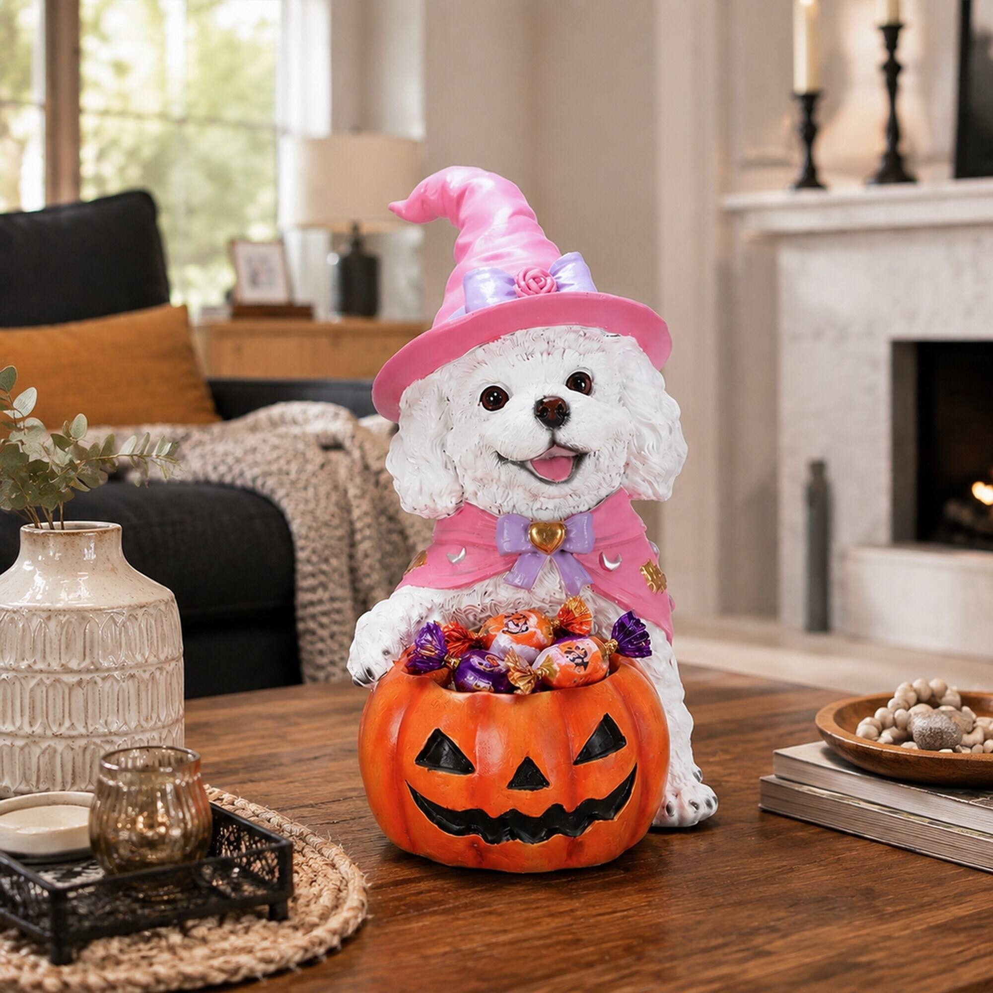 Angle. RYHNUYNE - Halloween White Puppy Figurine with Witch Hat and Pumpkin Candy Bowl for Tabletop Fall Decor - White.