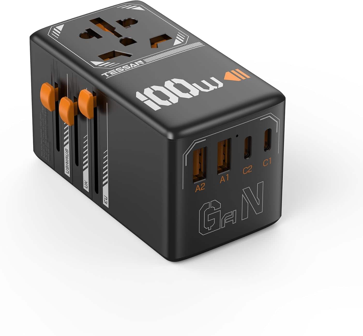 Wikistore - 100W GaN Universal Travel Adapter with 4 USB Ports Worldwide Plug Compatibility - Black