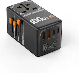Wikistore - 100W GaN Universal Travel Adapter with 4 USB Ports Worldwide Plug Compatibility - Black