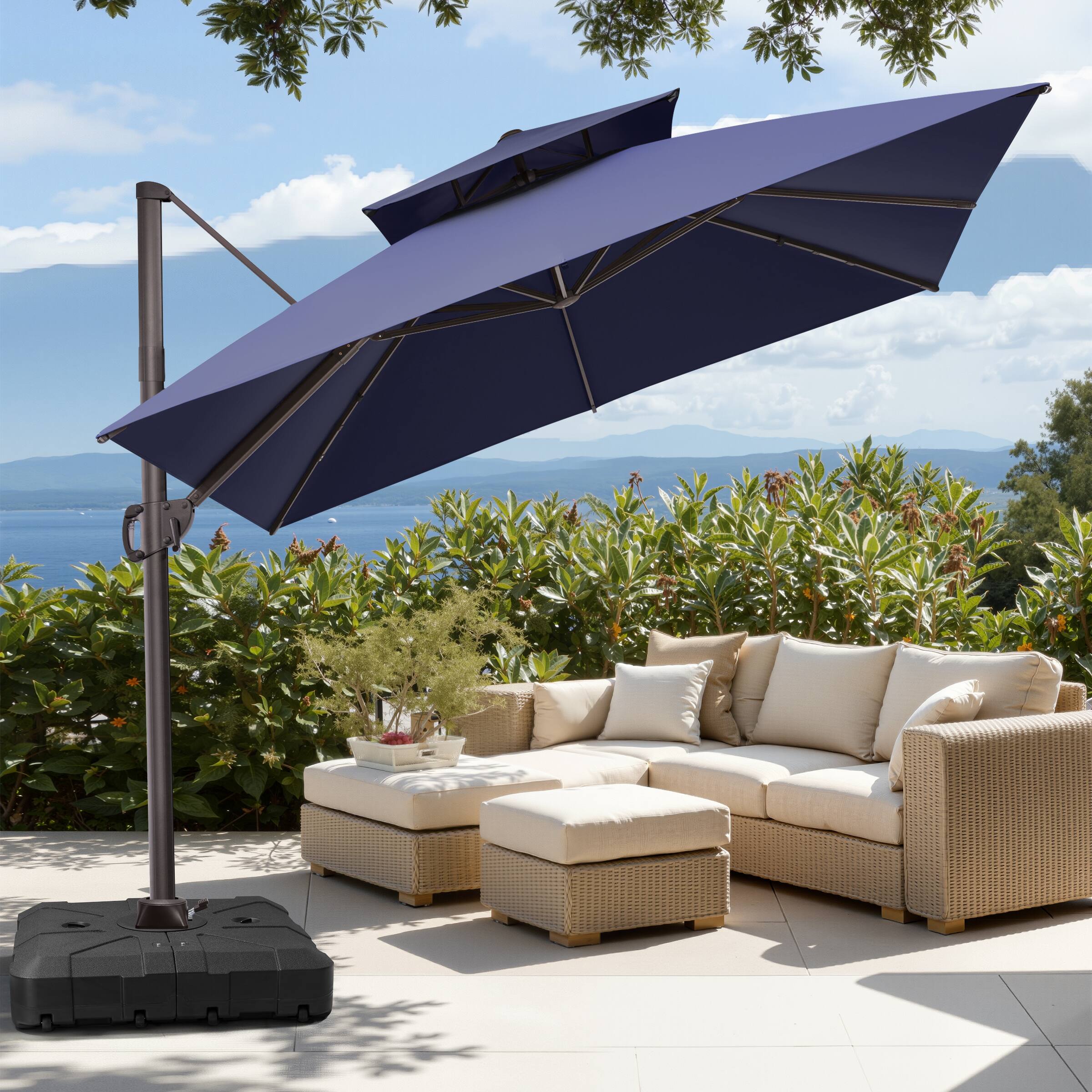 Alt View 1. Crestlive Products - Crestlive Products 10x10ft Aluminum Double Top Crank Cantilever Patio Umbrella with Base - Navy blue.