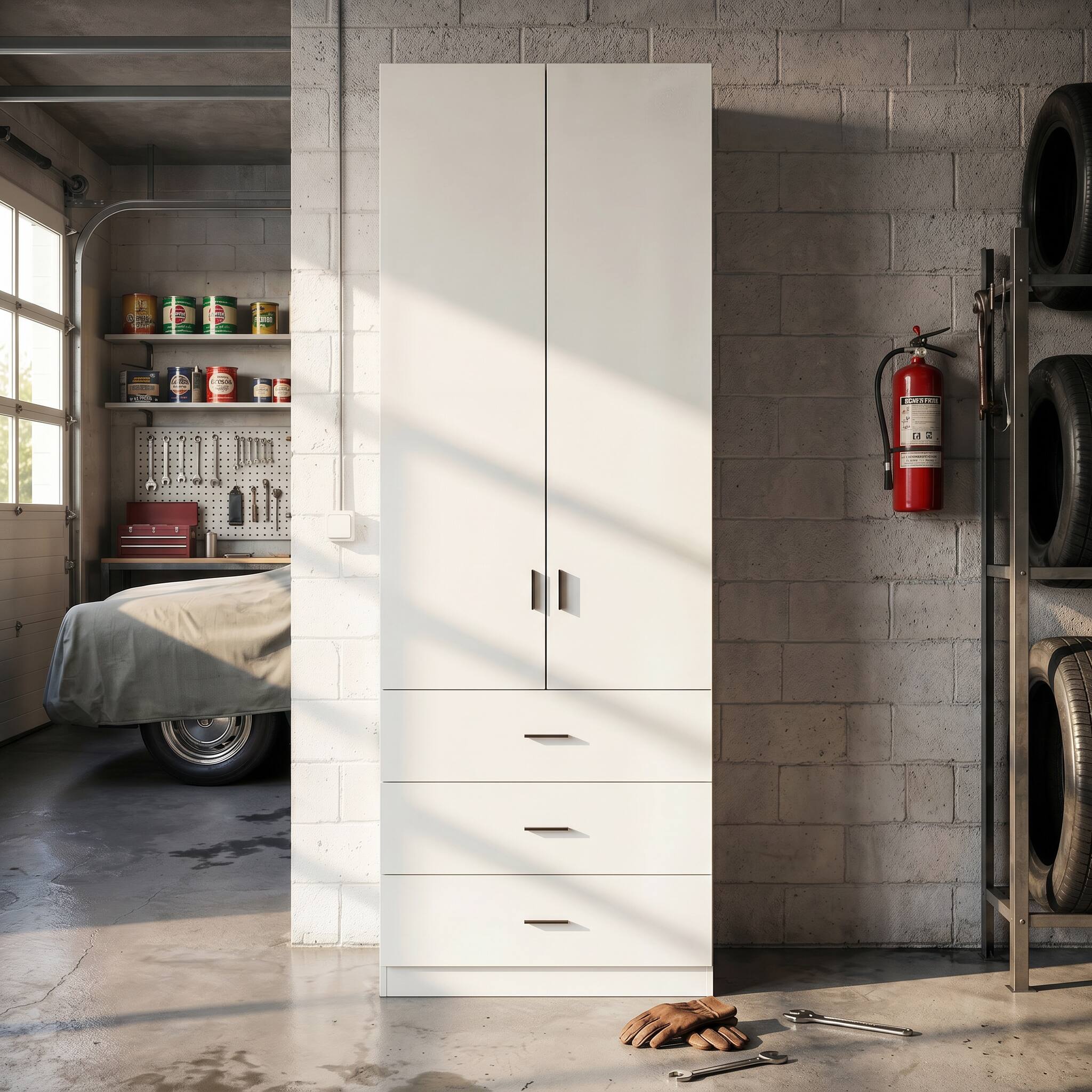Angle. FUFU & GAGA - Garage Storage Cabinet with 3 Drawers, Heavy Duty Tall Tool Organizer for Workshop, Utility Locker for Home - White.