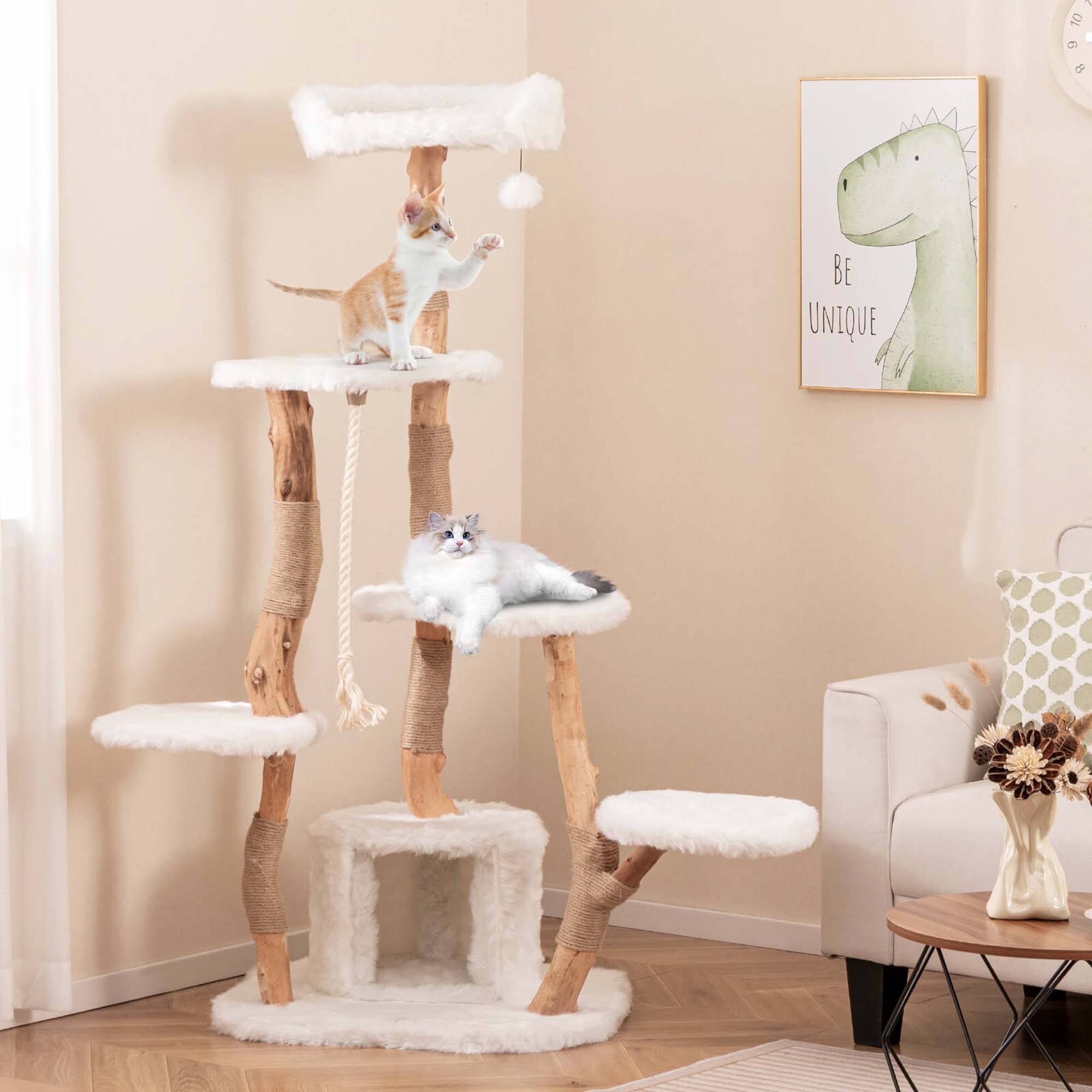 Alt View 1. Costway - Costway 66" Tall Solid Wood Cat Tree with Perch Condo Jute Scratching Posts Sisal Rope - Beige.