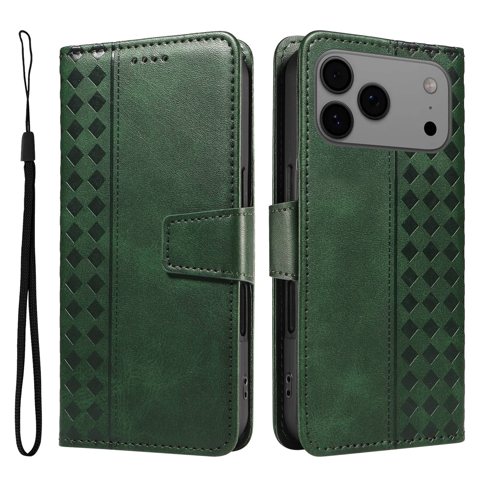 Alt View 7. Dteck - Magnetic Wallet Pocket Case For iPhone 17 Pro Max, Shockproof Faux Leather Card Pocket Wrist Strap Cover - Darkgreen.