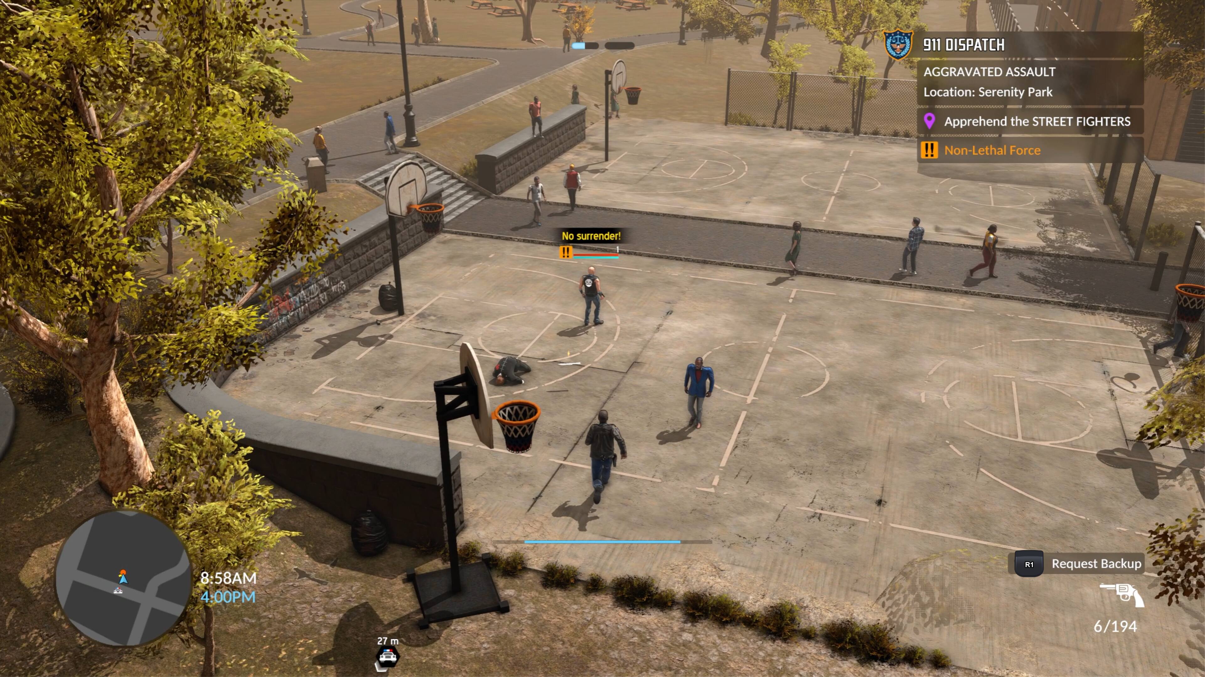 The text on the image reads: "911 DISPATCH AGGRAVATED ASSAULT Location: Serenity Park Apprehend the STREET FIGHTERS Non-Lethal Force No surrender! !! 8:58AM 4:00PM H1 Request Backup 27 m 6/194."