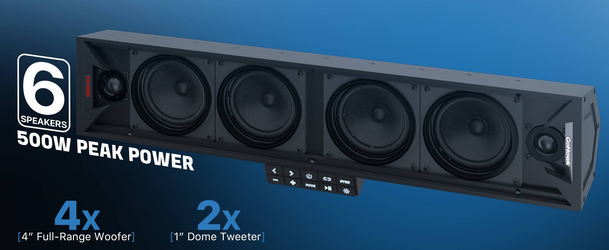 6 MINC-APO SPEAKERS  
500W PEAK POWER  
4x [4" Full-Range Woofer]  
2x [1" Dome Tweeter]  
MODE: ON  
AB GoHawk