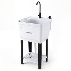 Front. Costway - Costway Utility Sink, Laundry Tub with Rotating Faucet, Storage Shelf, Adjustable Legs - White + Black.