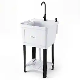 Costway - Utility Sink, Laundry Tub with Rotating Faucet, Storage Shelf, Adjustable Legs - White + Black
