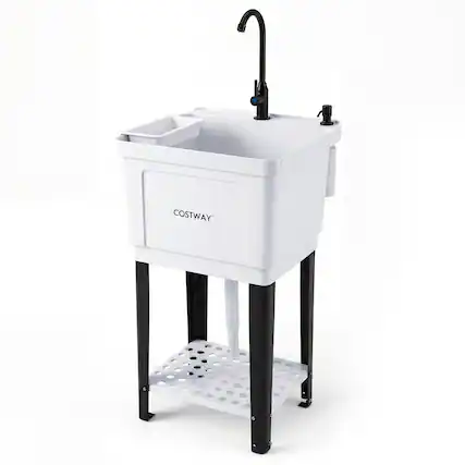 Front. Costway - Costway Utility Sink, Laundry Tub with Rotating Faucet, Storage Shelf, Adjustable Legs - White + Black.