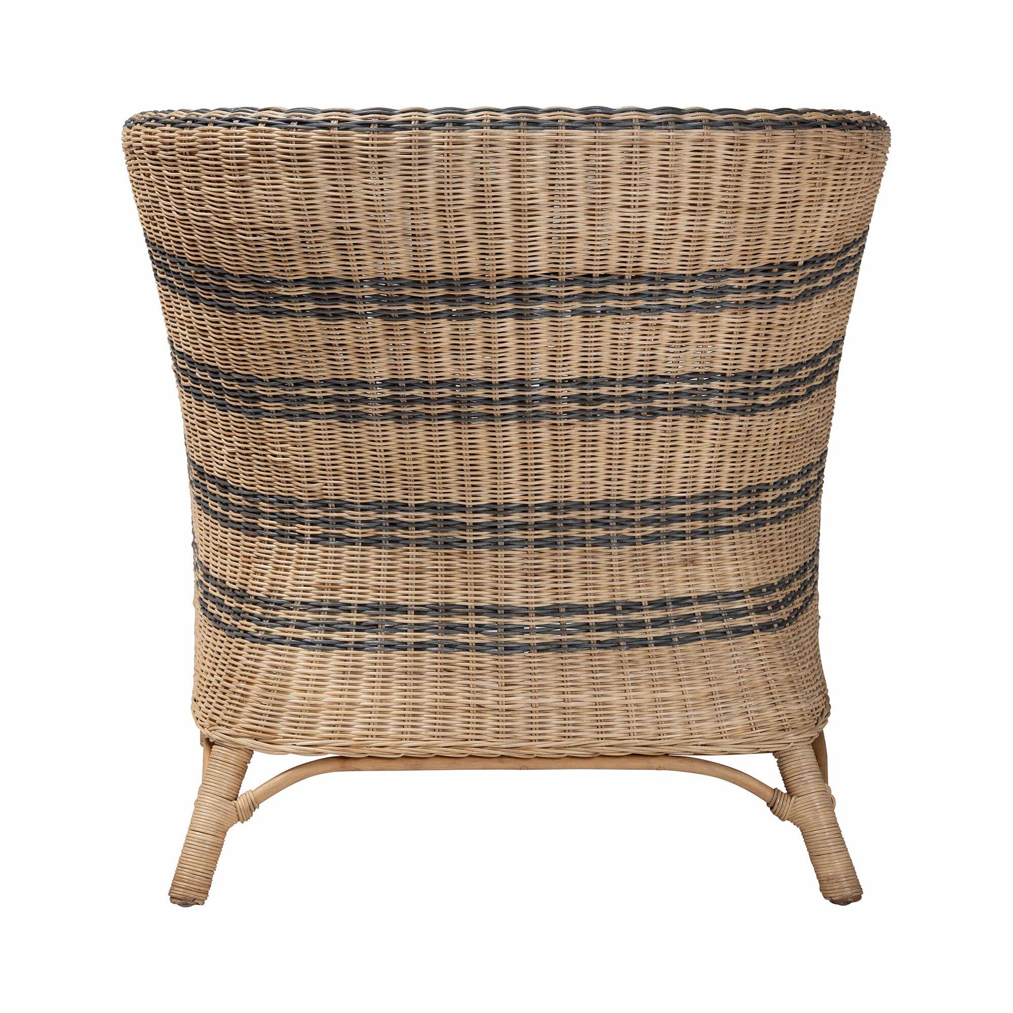 Back. bali & pari - Elda Natural Rattan Accent Chair - Wicker Barrel-Back Chair with Woven Stripes and Cushion, Coastal Boho Style - Natural Brown/Blue.