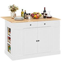 Costway - Kitchen Island with Storage Drop Leaf Breakfast Bar Table with Top Freestanding Buffet Sideboard - White + Natural