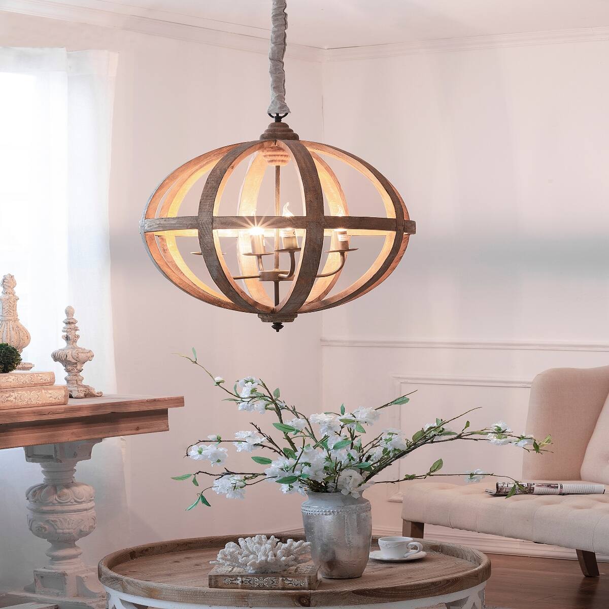 Alt View 2. Loheer - Loheer Four Light Wood Chandelier with Adjustable Chain for Dining Room or Foyer.