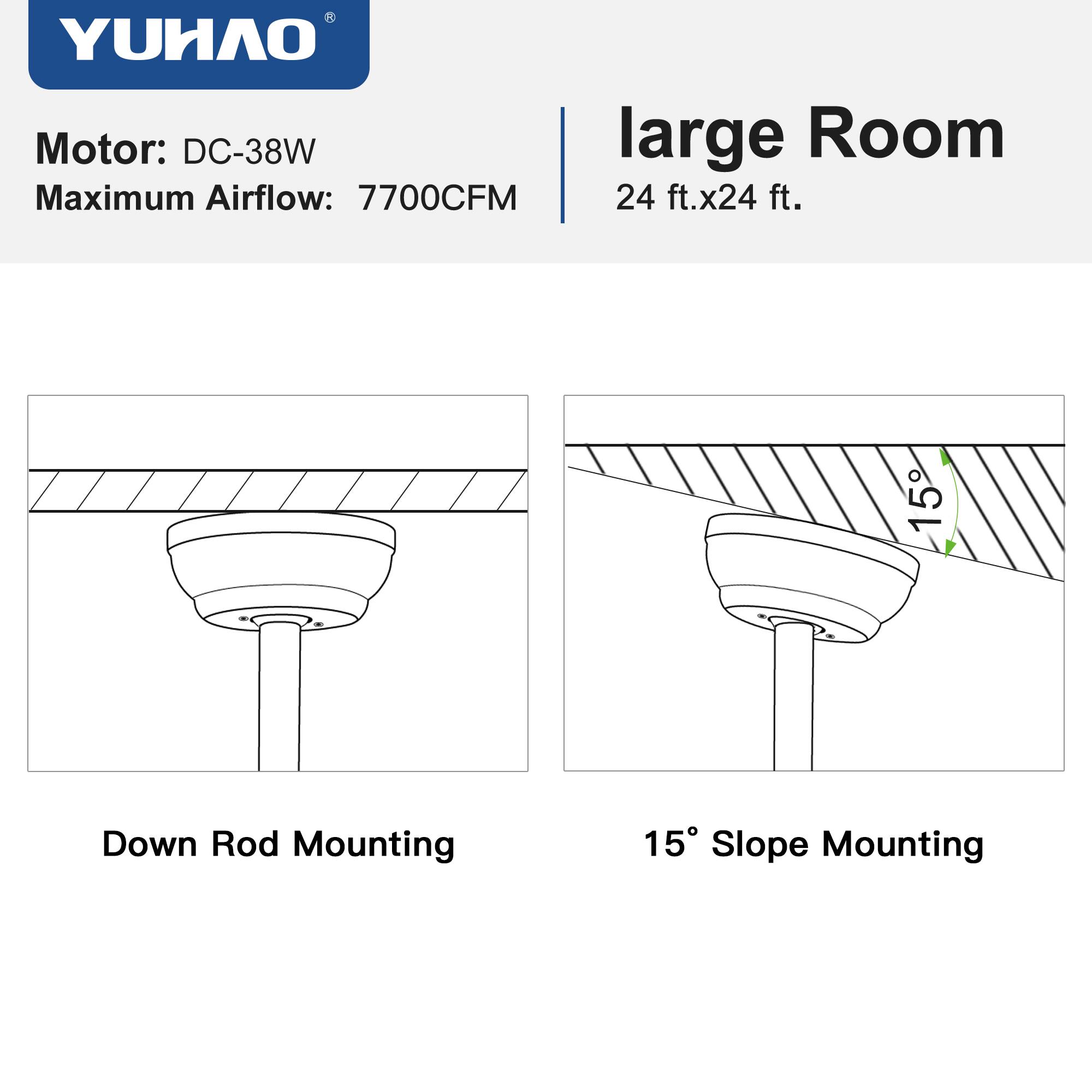 YUHAO Motor: DC-38W  
Maximum Airflow: 7700CFM  
Large Room: 24 ft. x 24 ft.  

Down Rod Mounting  

15° Slope Mounting
