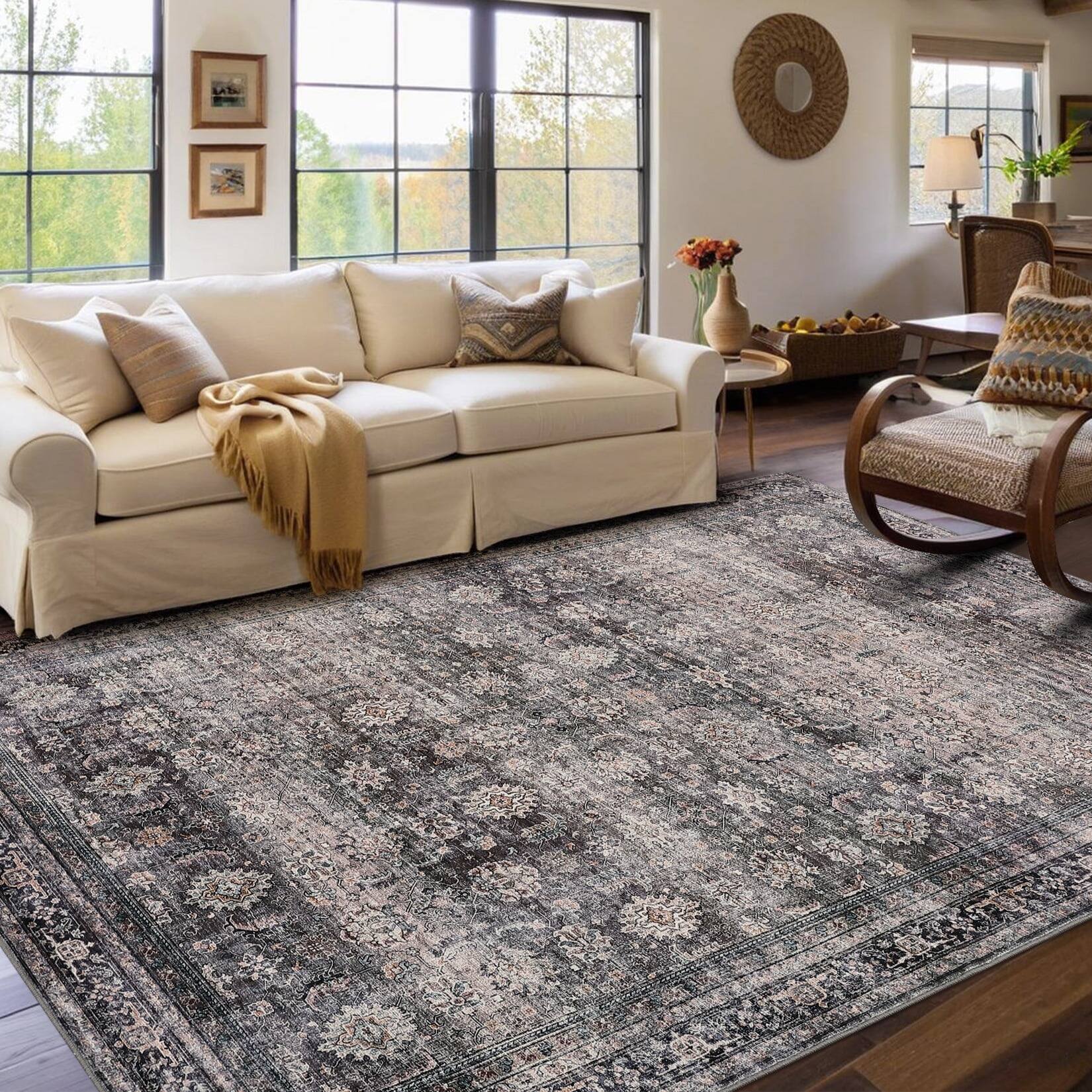 Homhougo Vintage Floral Area Rug 8x10 Foldable Soft Accent Carpet Non ...