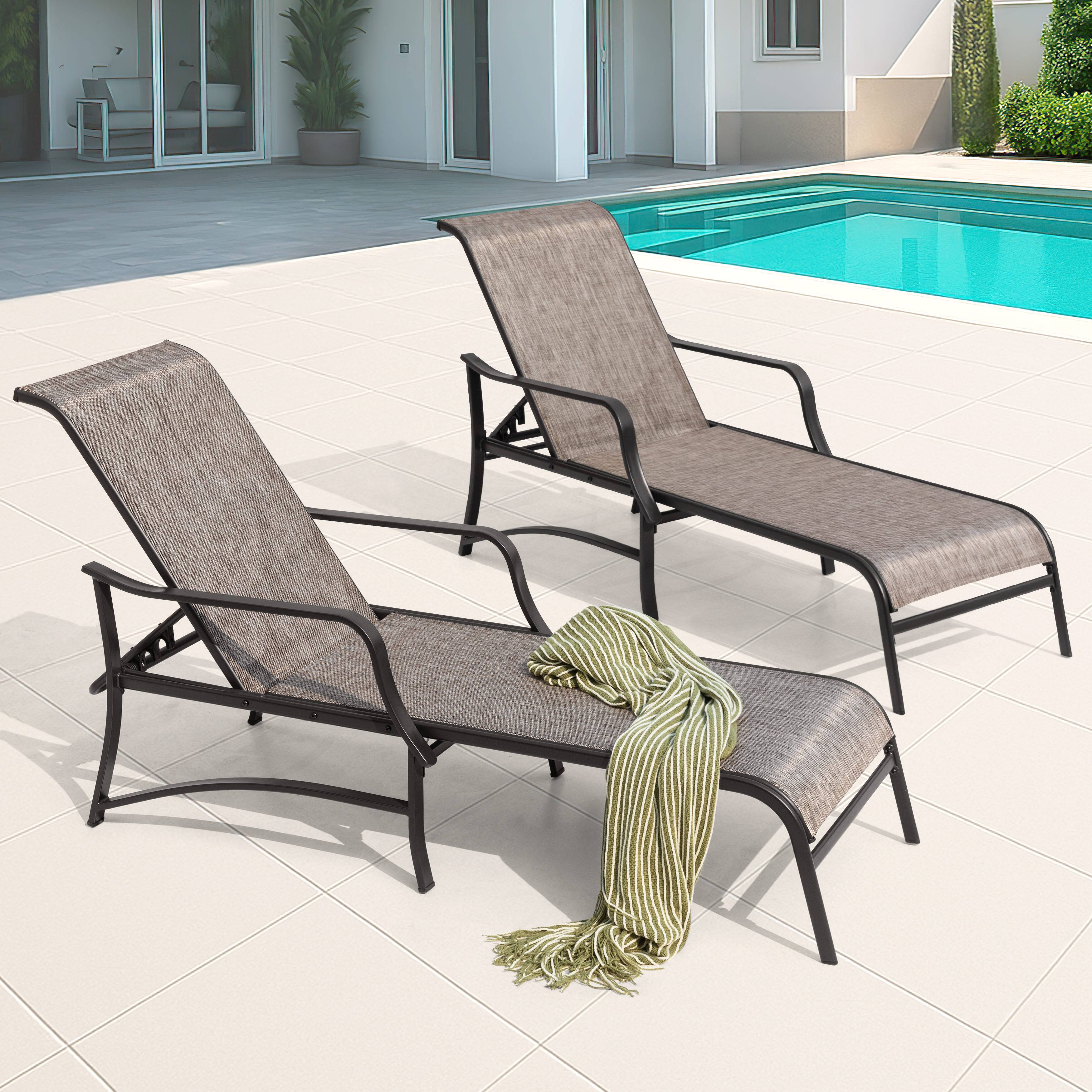 Angle. Nuu Garden - Outdoor Textilene Metal Lounge Chairs Set of 2, 5-Level Adjustable Backrest - Brown.