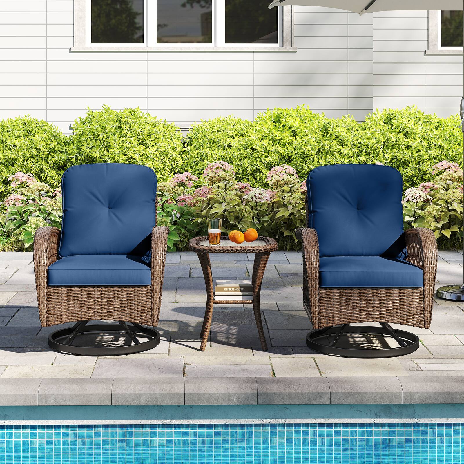 Alt View 1. Gymax - Gymax 3PCS Patio Swivel Rocker Set Gliding Bistro Furniture Set w/Tempered Glass Table - Blue.