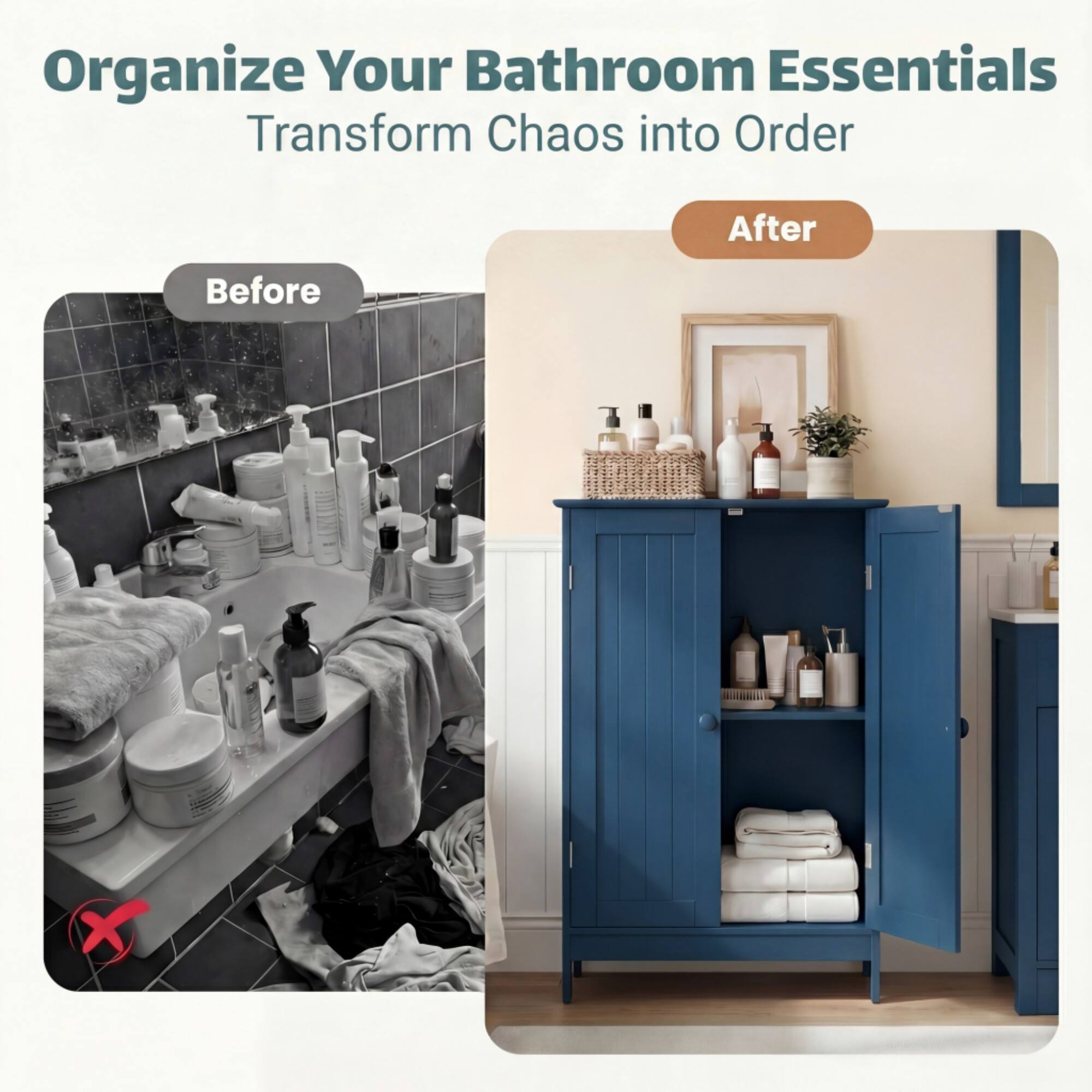Organize Your Bathroom Essentials  
Transform Chaos into Order  

Before  
After