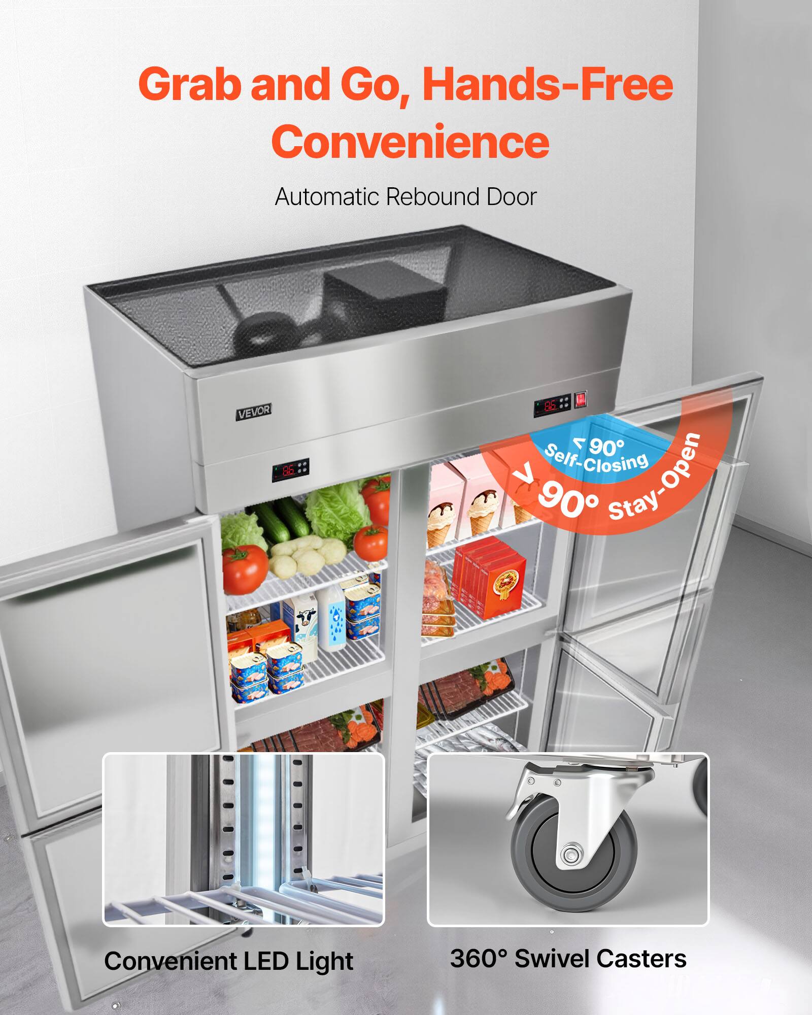Grab and Go, Hands-Free Convenience  
Automatic Rebound Door  

VEVOR 86 H 1 90 Self-Closing Self-Stay-Open 90 Convenient LED Light 360 Swivel Casters