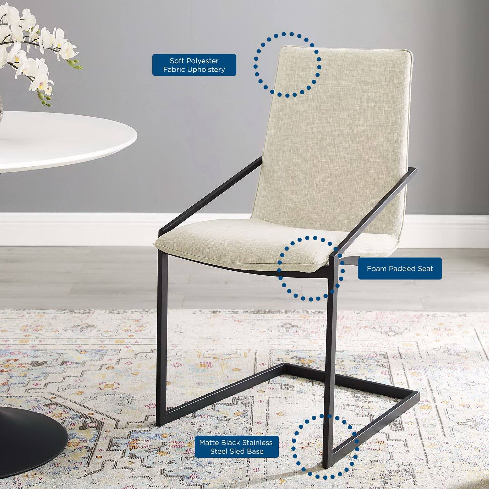 - Soft Polyester Fabric Upholstery
- Foam Padded Seat
- Matte Black Stainless Steel Sled Base