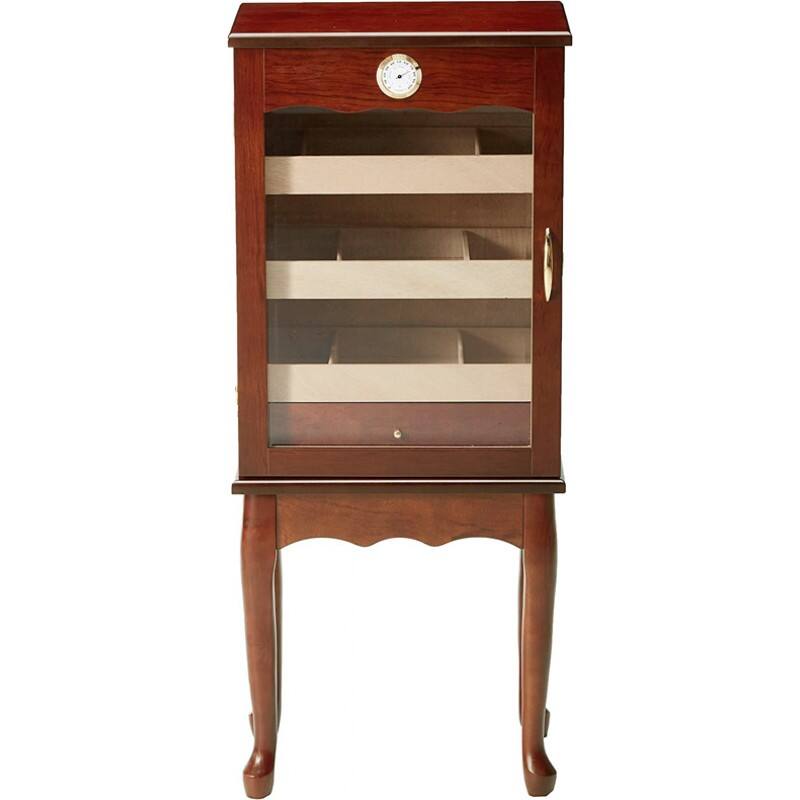 Angle. Prestige - Belmont Standing Cigar Humidor Cabinet - Dark Teak Finish.