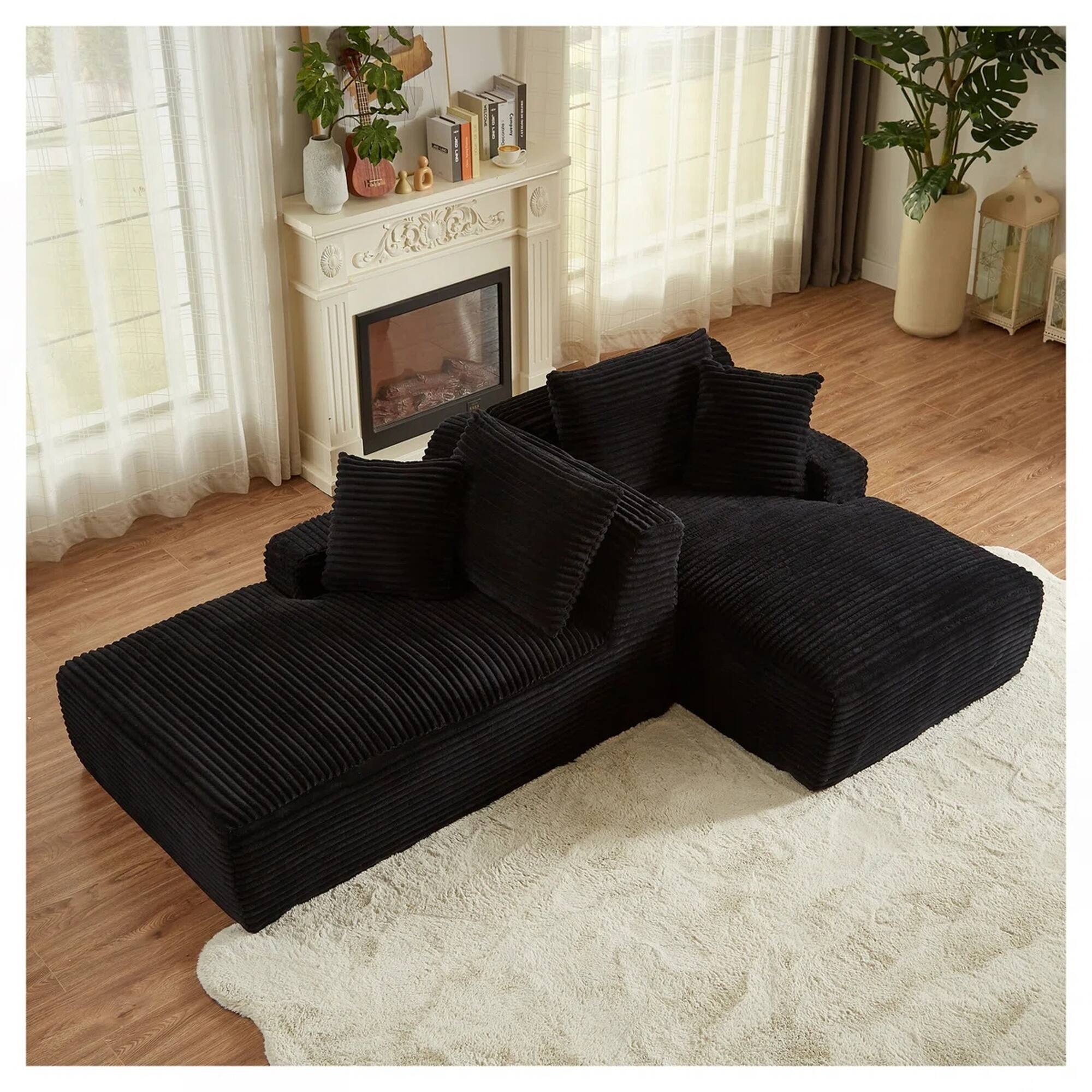 Alt View 3. Yardgrace - Oversized Corduroy Upholstered Chaise Lounge – No Assembly Required, Plush Boneless Sofa for Living Room - Black.