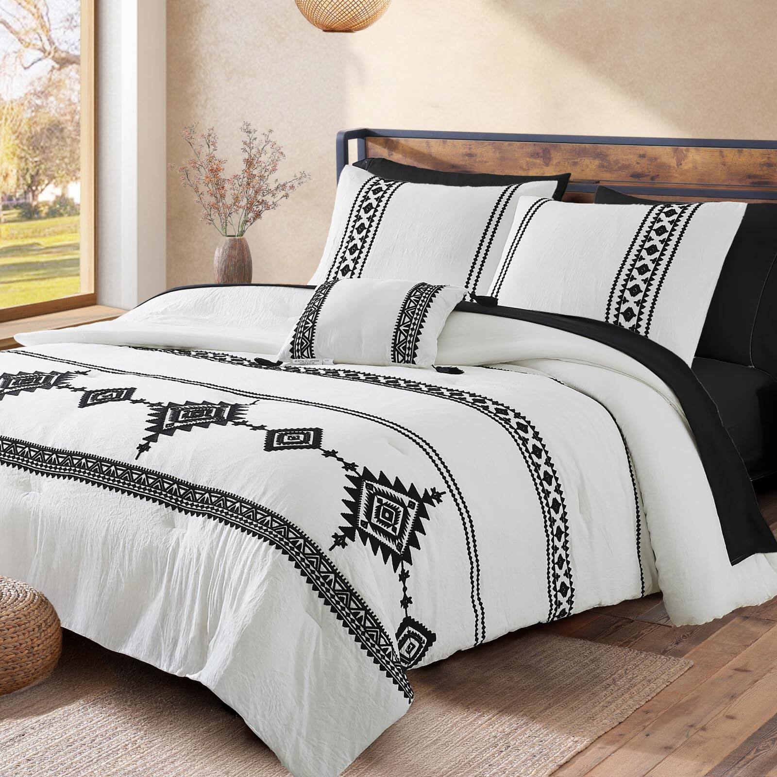 PARKER SLATER - Burnt Orange Embroidery Comforters Set Queen Size - 7 Pieces Farmhouse Western Bedding All Season Bed In A Bag - Frost White-King 7 Piece