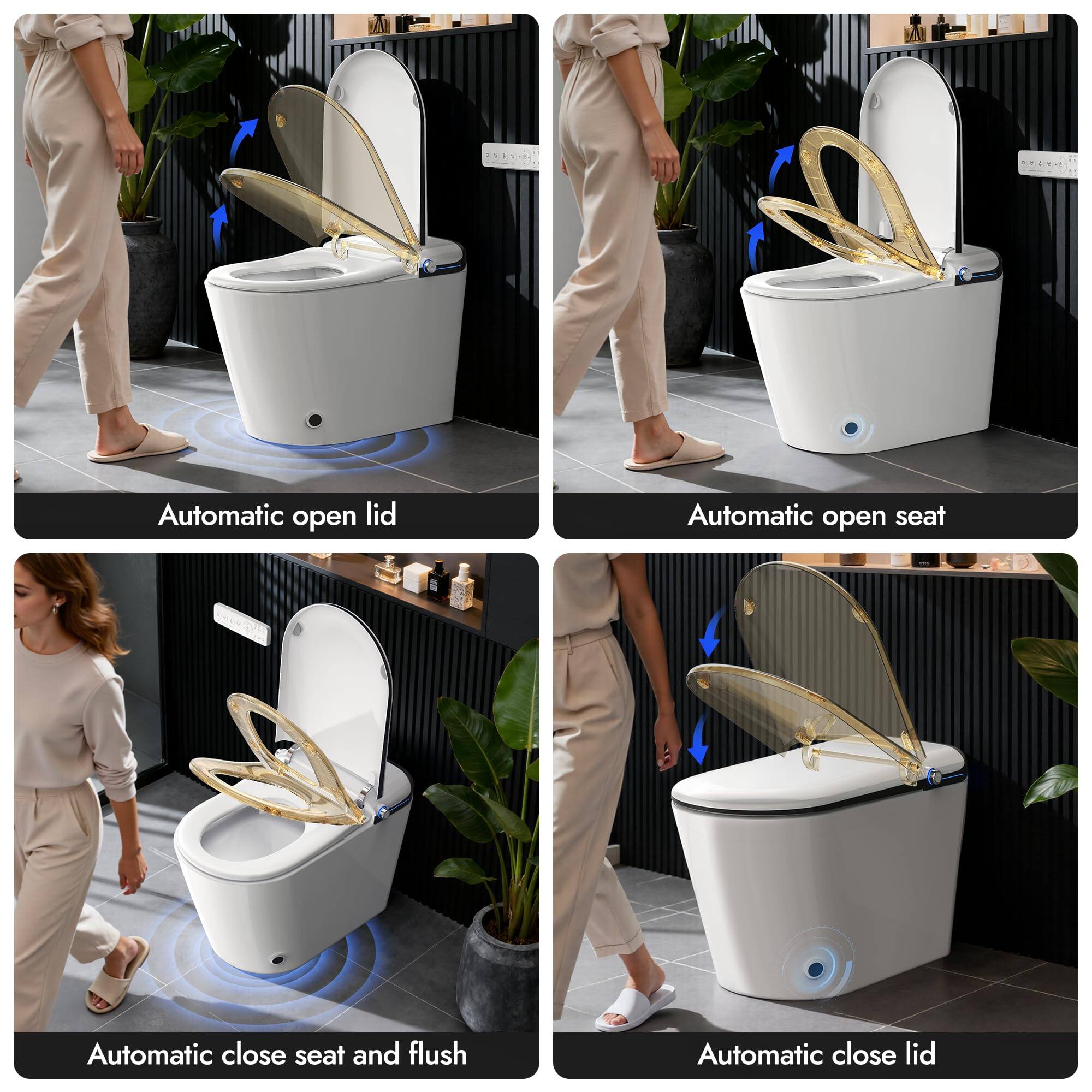 Automatic open lid  
Automatic open seat  
Automatic close seat and flush  
Automatic close lid