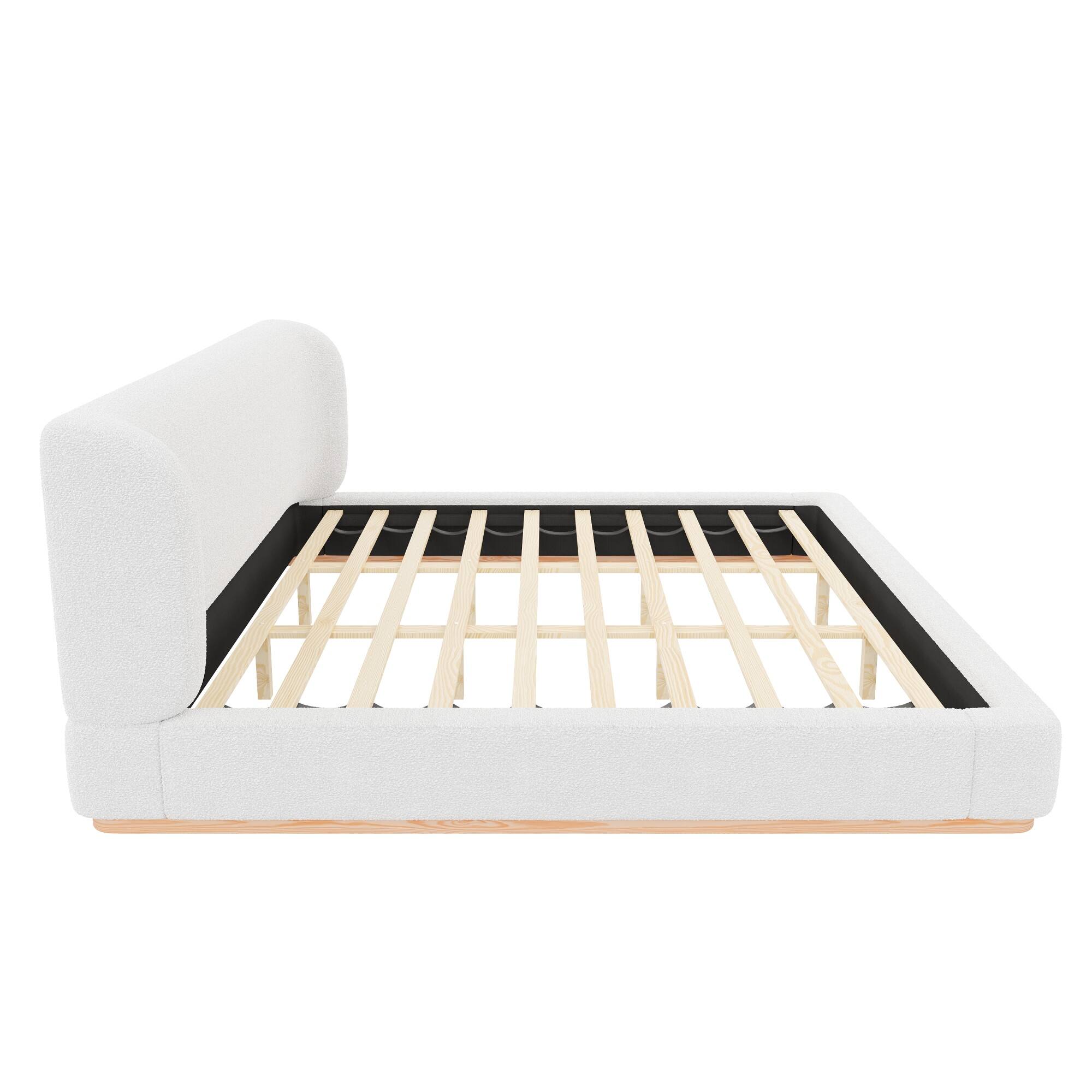 Alt View 1. Whisen - King Size Low-Profile Upholstered Platform Bed, Boucle Fabric Modern Bed Frame with Curved Headboard - White.