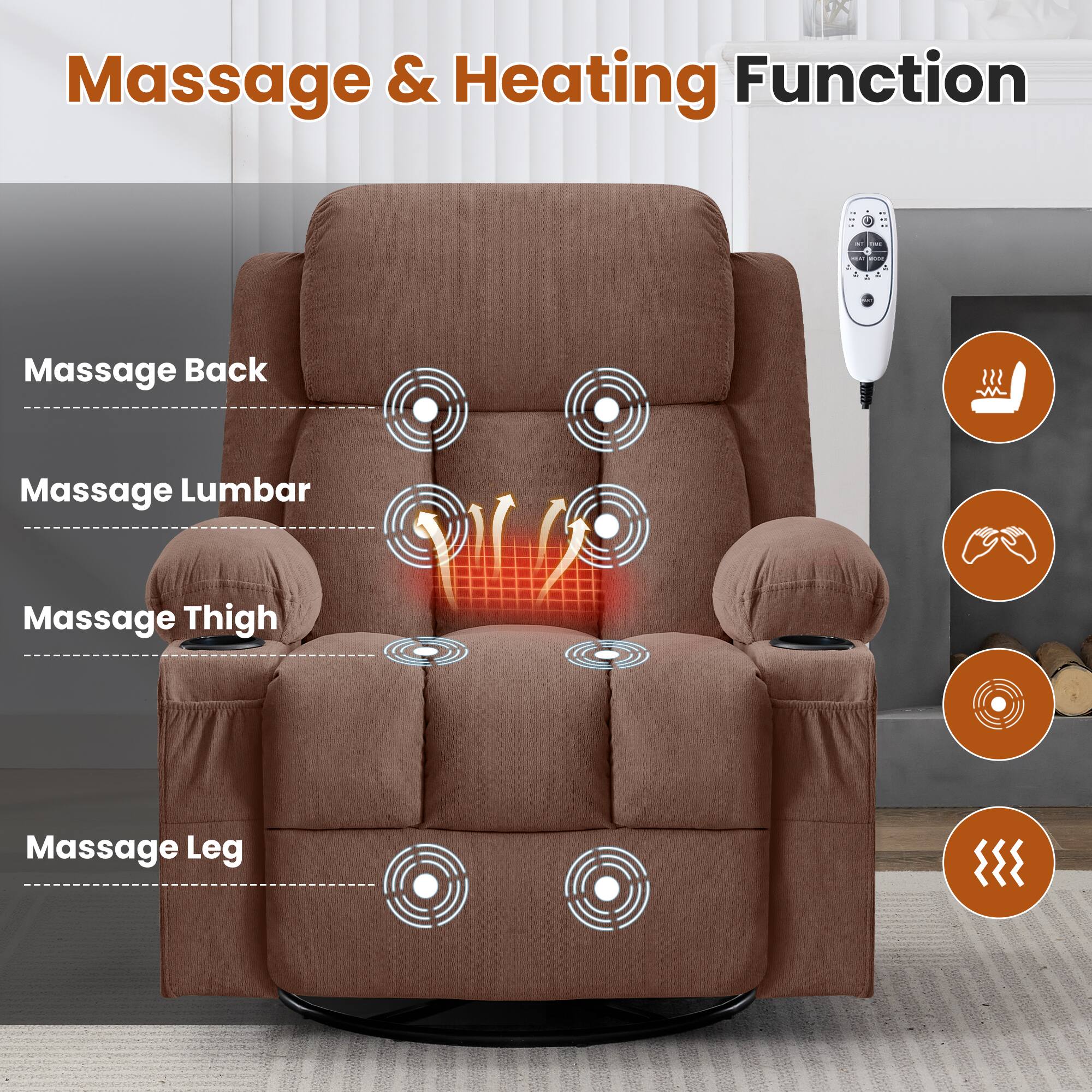 Massage & Heating Function

- Massage Back
- Massage Lumbar
- Massage Thigh
- Massage Leg