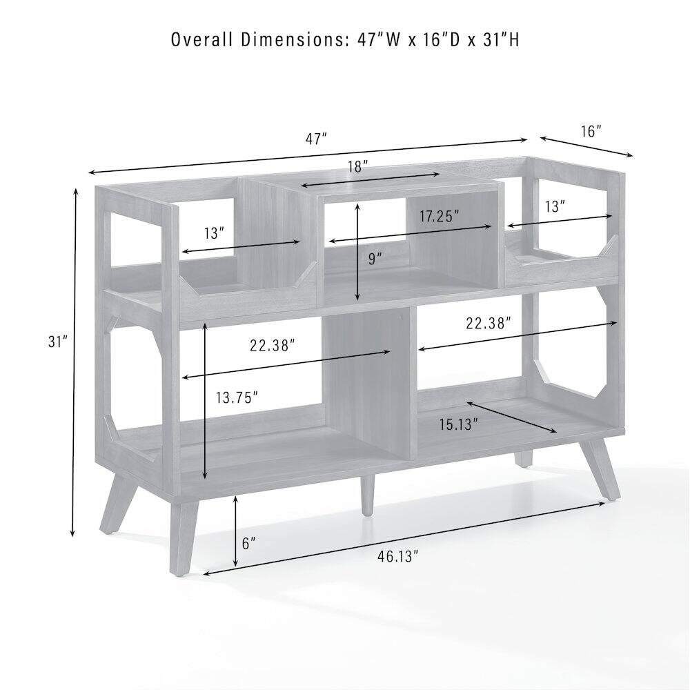 Overall Dimensions: 47"W x 16"D x 31"H

- 47"
- 16"
- 18"
- 13"
- 9"
- 17.25"
- 13"
- 31"
- 22.38"
- 22.38"
- 13.75"
- 15.13"
- 6"
- 46.13"
