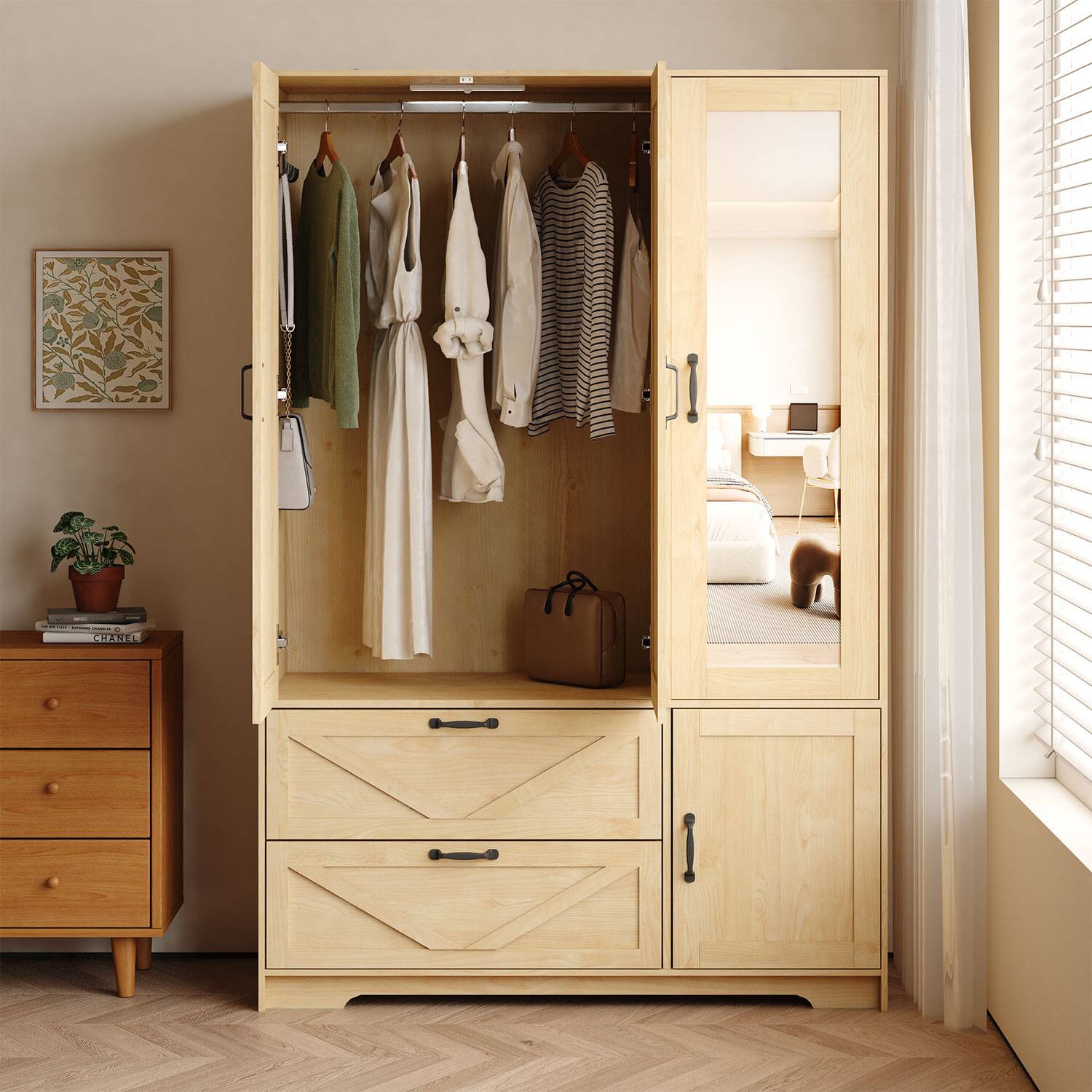 Left. MERAVOM - Wardrobe Closet with Mirror, 4 Doors and 2 Drawers, Wooden Wardrobe Storage Cabinet with Hanging Rod, Adjustable Shelves - Natural.