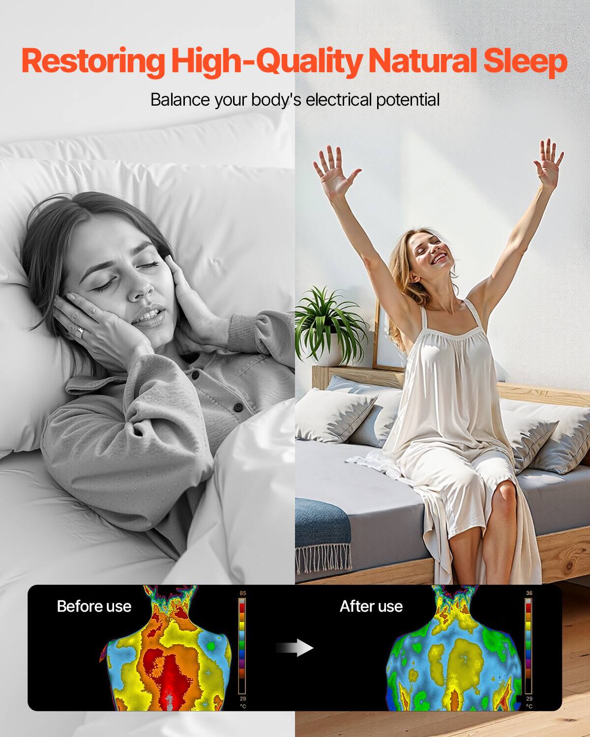 Restoring High-Quality Natural Sleep  
Balance your body's electrical potential  

Before use  
After use