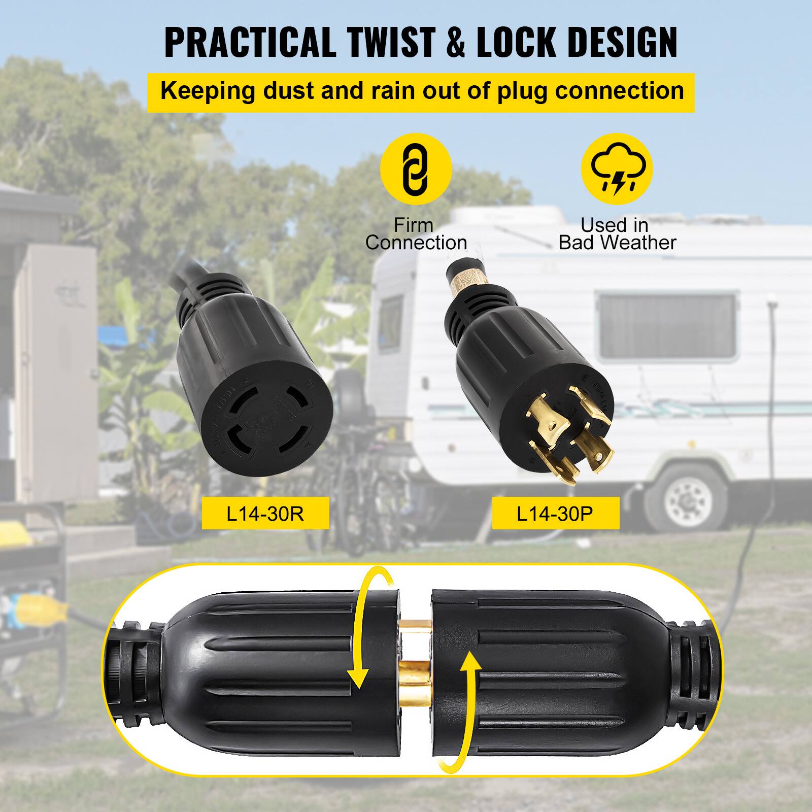 PRACTICAL TWIST & LOCK DESIGN: Keeping dust and rain out of plug connection. Firm Connection. Used in Bad Weather. L14-30R, L14-30P.