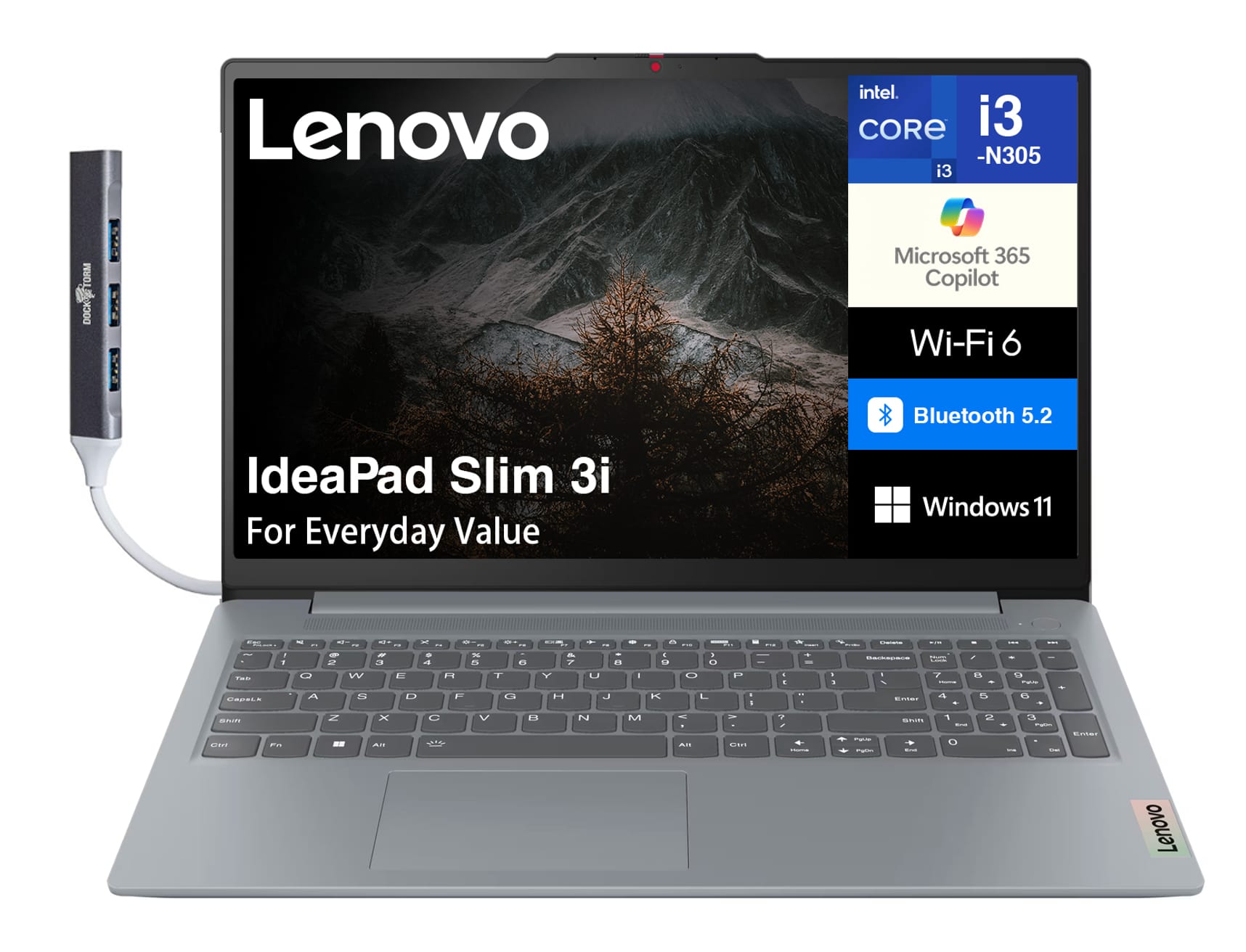 Lenovo - IdeaPad Slim 3i Laptop 15.6 FHD (Intel i3-N305, 8GB LPDDR5, 128GB SSD, Win 11 Home S-Mode) w/USB Hub - Arctic Grey