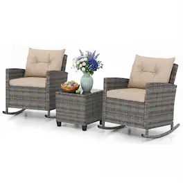 Gymax - 3 PCS Patio Wicker Rocking Set w/ Tempered Glass Table & Soft Cushions Outdoor Mix Gray - Beige