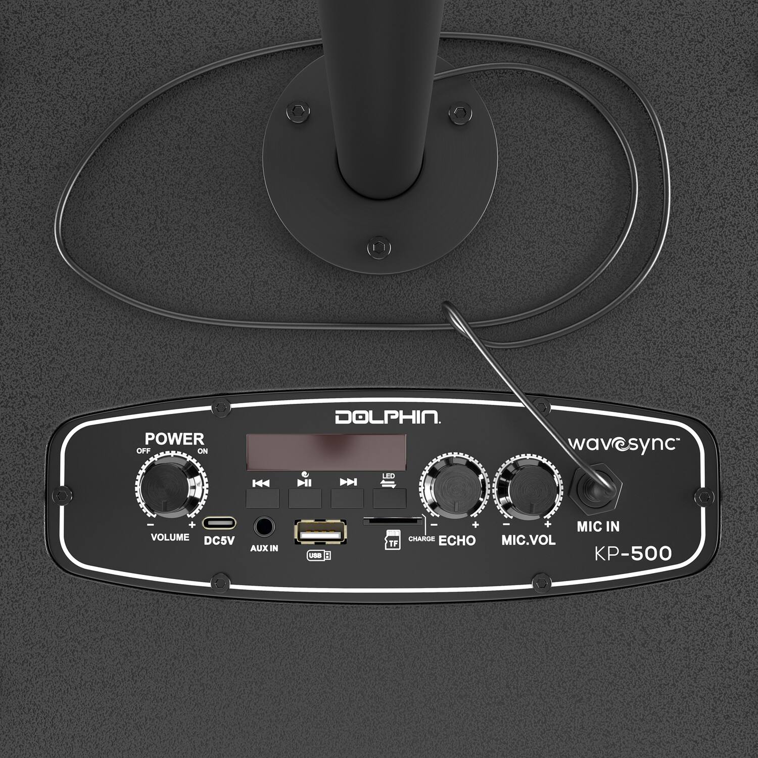 POWER OFF ON DOLPHIN  
wavesync  
LED + VOLUME DC5V AUX IN USB I MIC IN CHARGE ECHO MIC.VOL TF  
KP-500