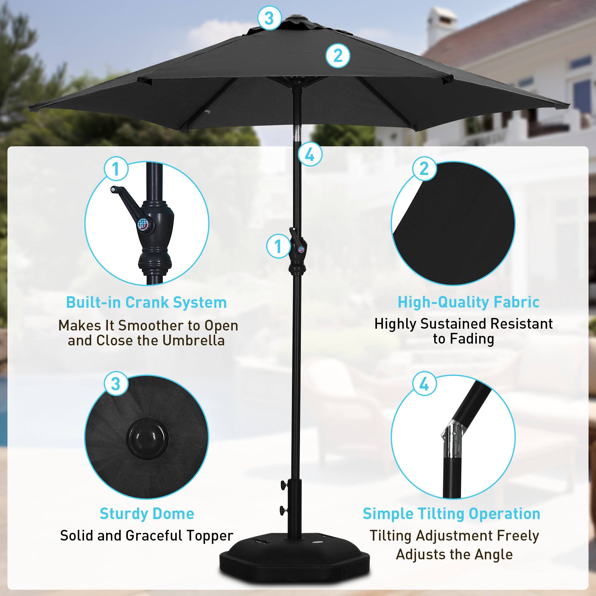 1. Built-in Crank System Makes It Smoother to Open and Close the Umbrella
2. High-Quality Fabric Highly Sustained Resistant to Fading
3. Sturdy Dome Solid and Graceful Topper
4. Simple Tilting Operation Tilting Adjustment Freely Adjusts the Angle
