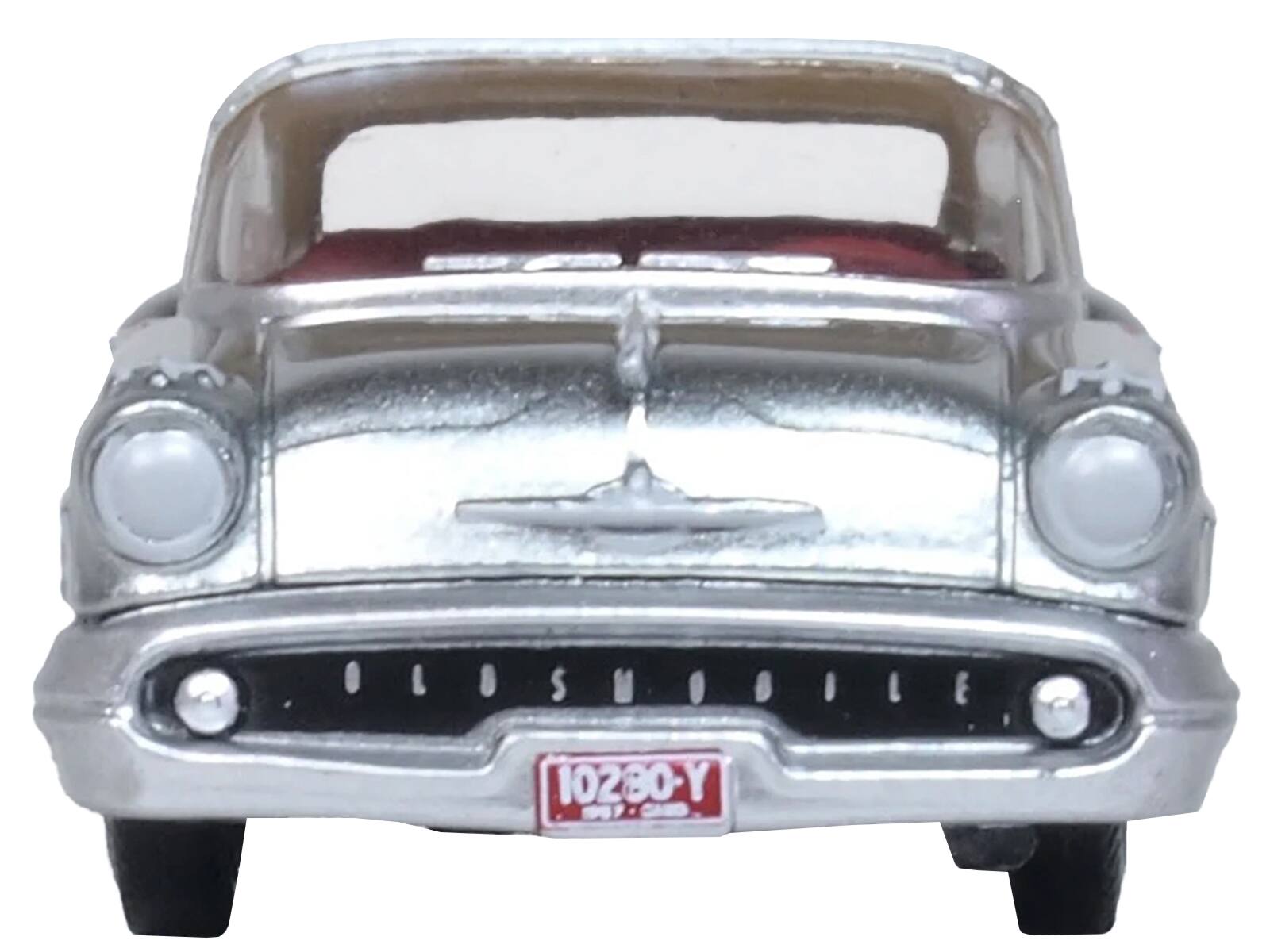 Left. Oxford Diecast - 1957 Oldsmobile 88 Convertible (Top-Up) Juneau Gray with White Top and Red Interior 1/87 (HO) Scale - Gray, White And Red.