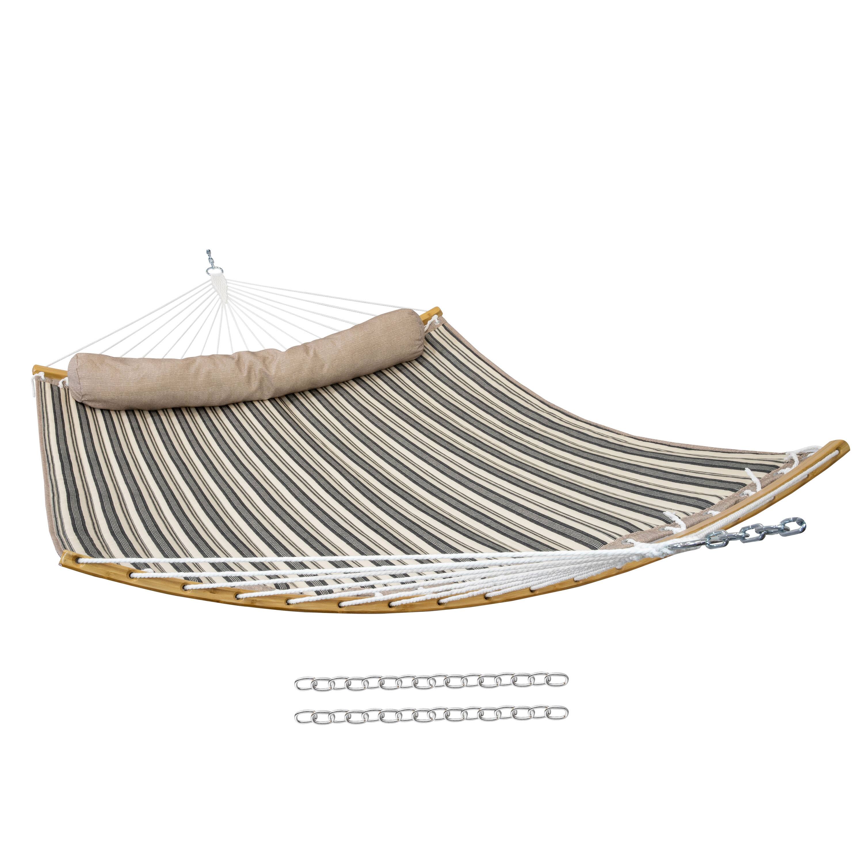Front. Sunnydaze - Quilted Hammock with Curved Spreader Bar - Neutral Stripe.