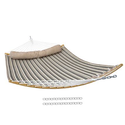 Front. Sunnydaze - Quilted Hammock with Curved Spreader Bar - Neutral Stripe.