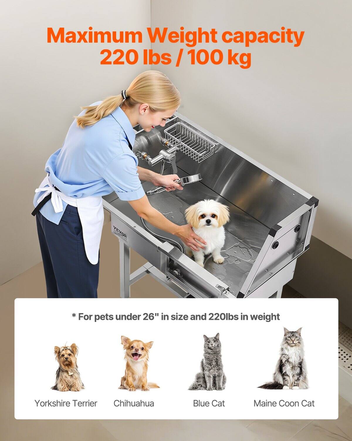 Maximum Weight capacity  
220 lbs / 100 kg  

*For pets under 26" in size and 220lbs in weight  

Yorkshire Terrier  
Chihuahua  
Blue Cat  
Maine Coon Cat
