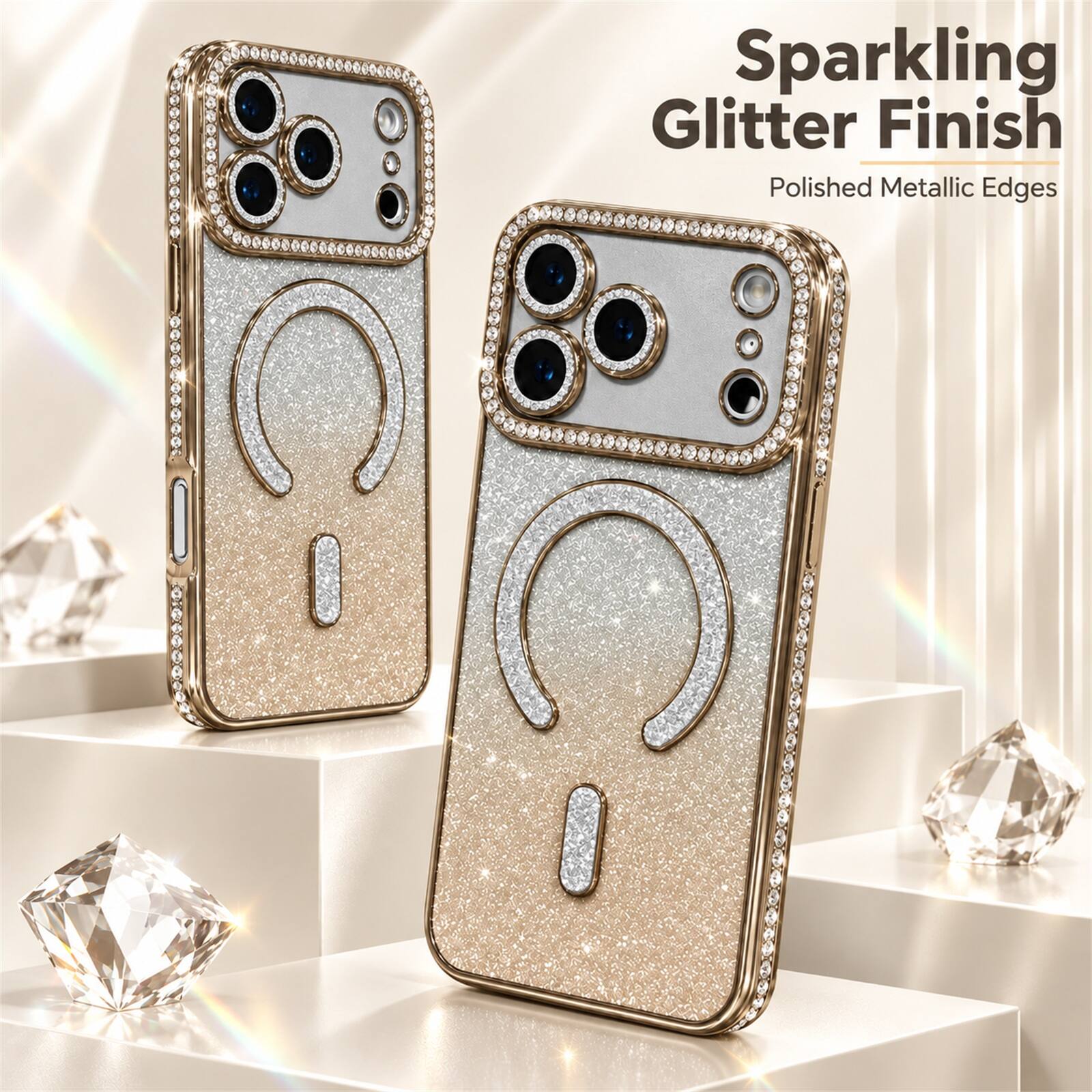Sparkling Glitter Finish  
Polished Metallic Edges