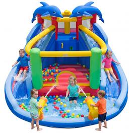 Costway - Inflatable Water Slide Park with Double Slides, Jumping Area, Splash Pool for Yard - Multicolor