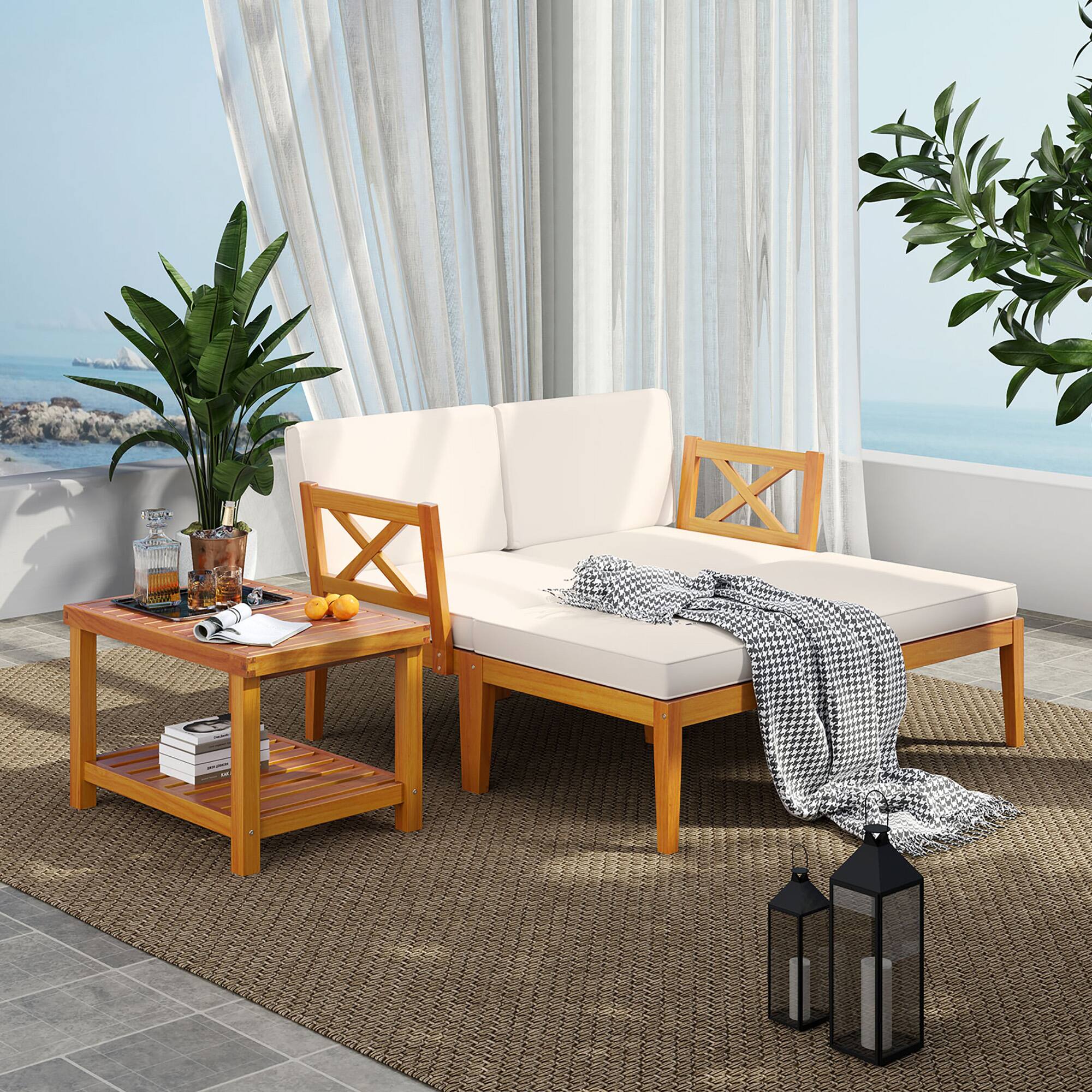 Alt View 3. Gymax - Gymax 5 PCS Acacia Wood Patio Chaise Lounge Chair Set w/ 2-Tier Coffee Table Cushions - Off White.