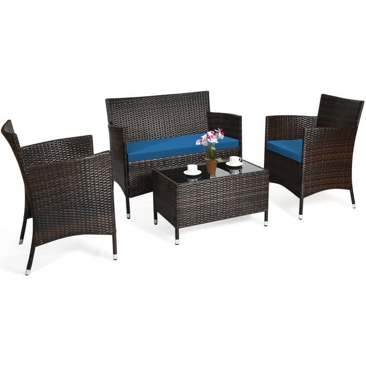 Alt View 7. Pefilos - 4 Pieces Padded Outdoor Rattan Sofa Set, Wicker Furniture Sets, Patio Conversation Sets with Glass Coffee Table - Blue.