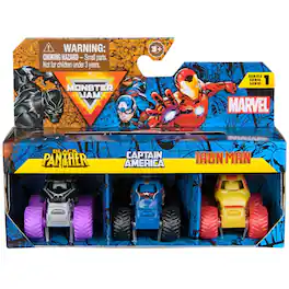 Monster Jam - Marvel Mini Monster Trucks (Series 1) 3-Pack 1:87 Scale Die-Cast | Black Panther, Captain America & Iron Man - Multi