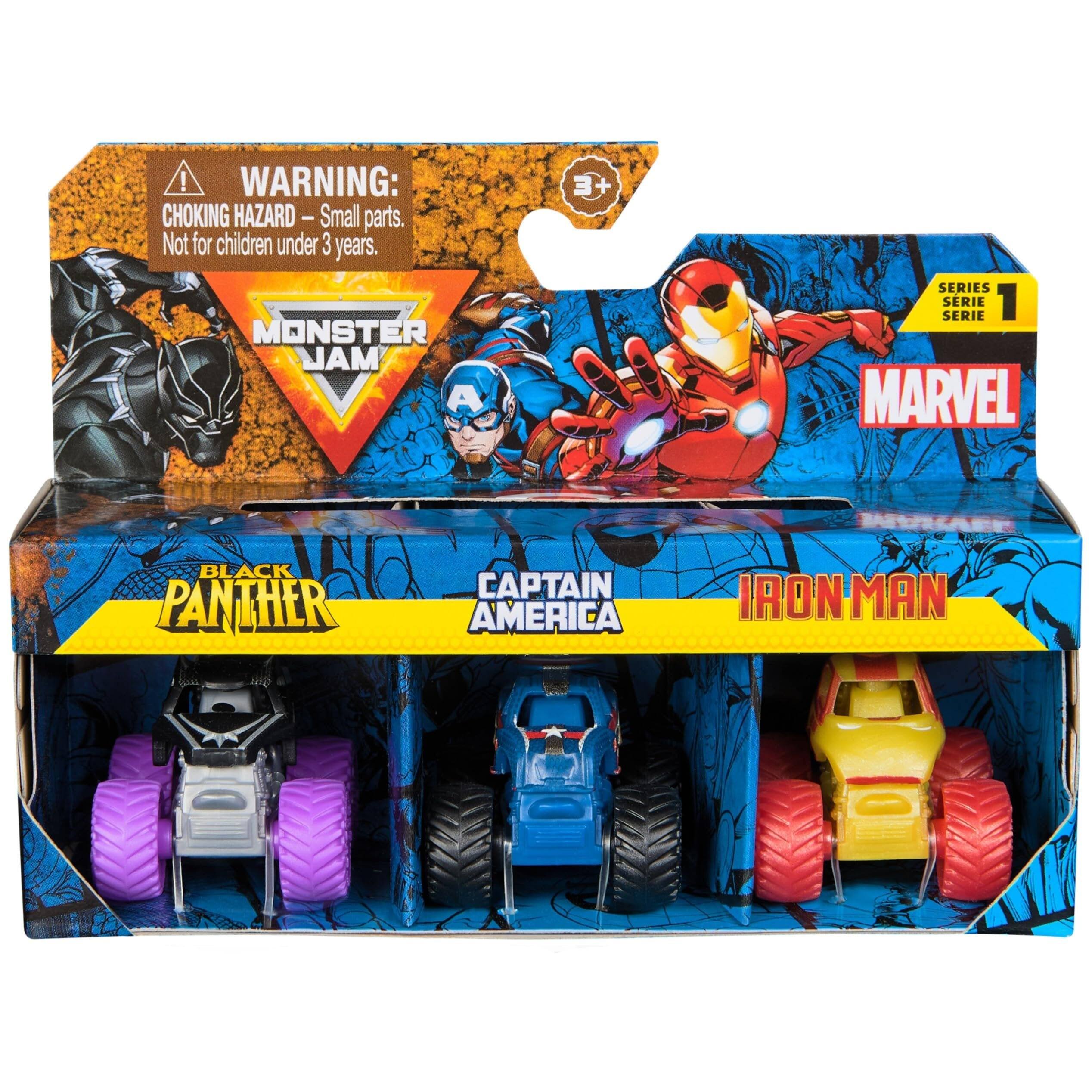! WARNING: CHOKING HAZARD - Small parts. Not for children under 3 years.  
MONSTER JAM  
A 3+ SERIES  
SERIE 1  
SERIE MARVEL  
BLACK PANTHER  
CAPTAIN AMERICA  
IRON MAN
