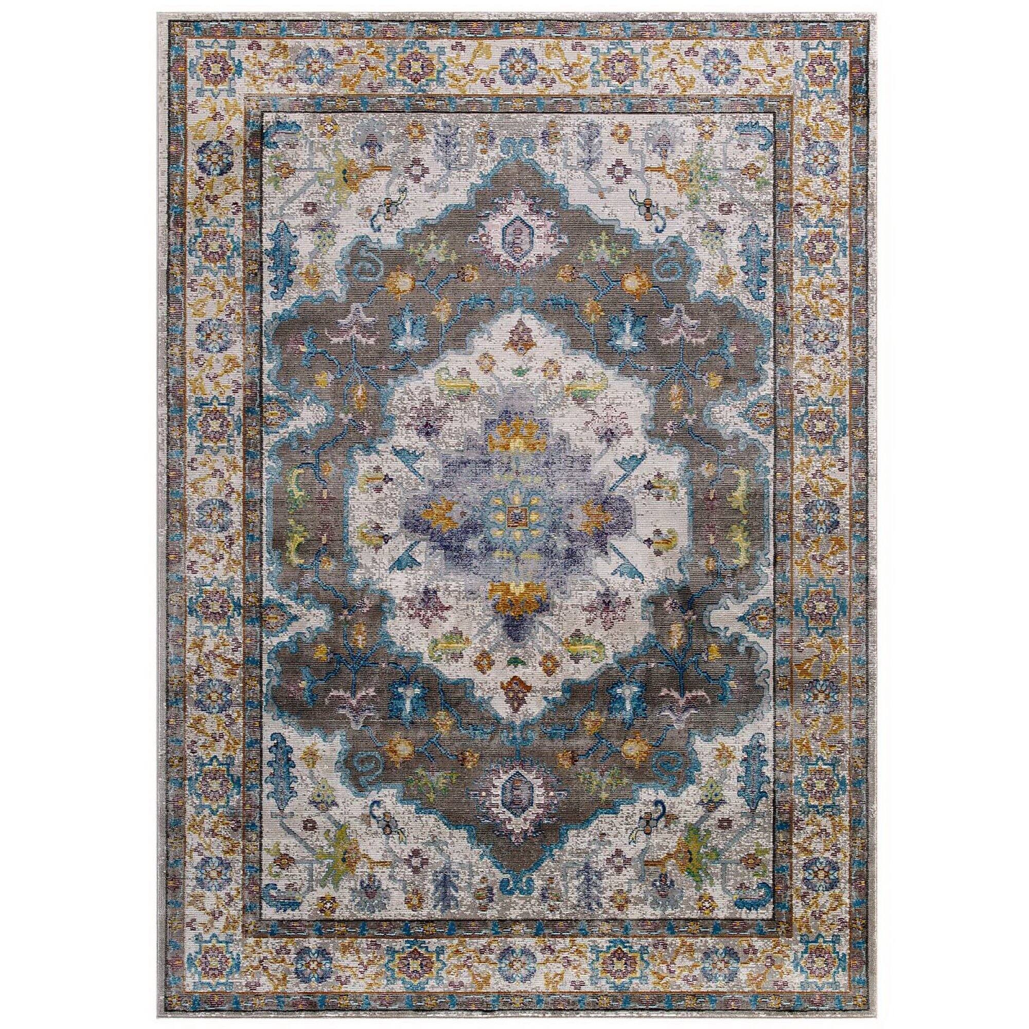 Angle. Modway - Success Anisah Distressed Floral Vintage Medallion Area Rug - Gray Ivory Yellow Orange.