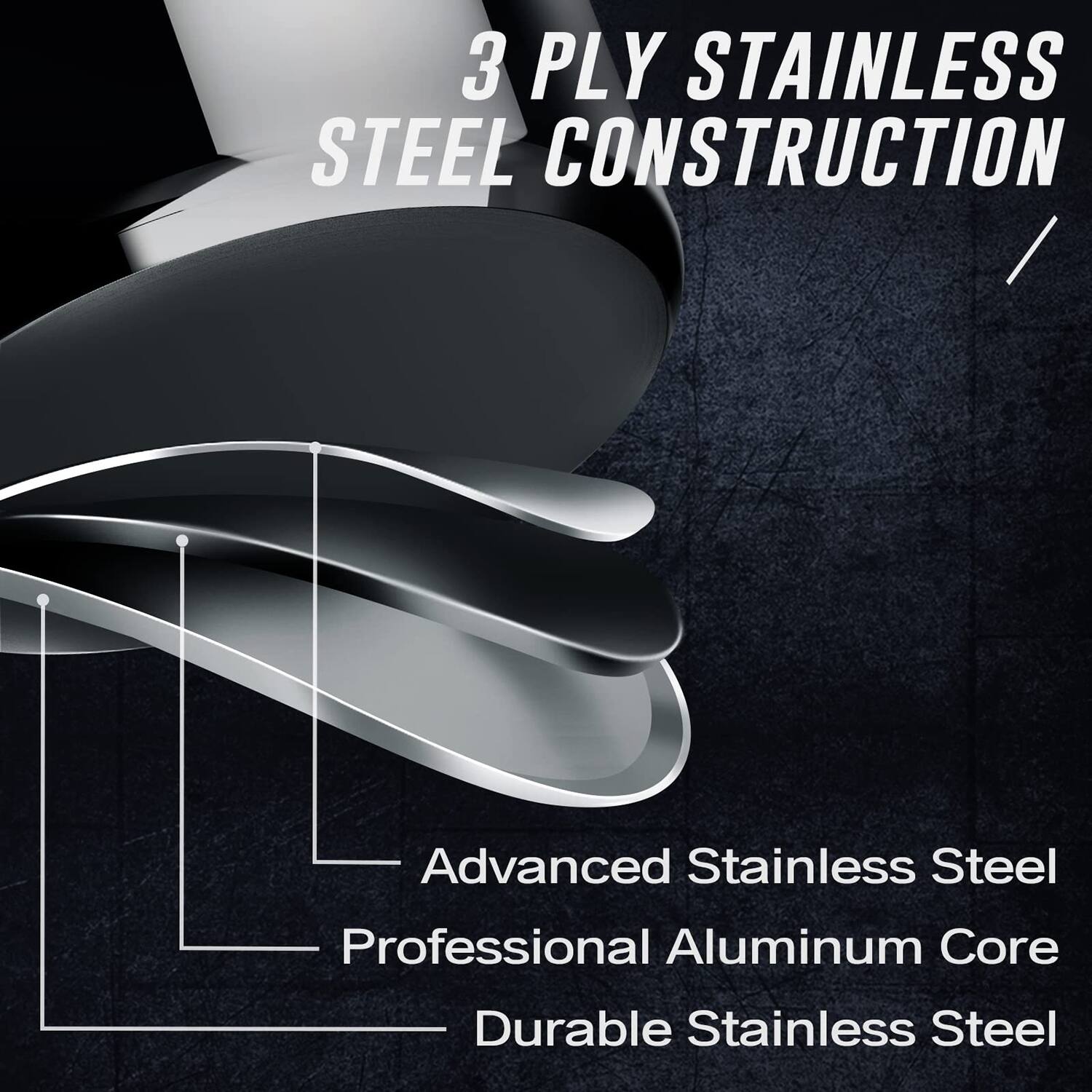 3 PLY STAINLESS STEEL CONSTRUCTION
- Advanced Stainless Steel
- Professional Aluminum Core
- Durable Stainless Steel